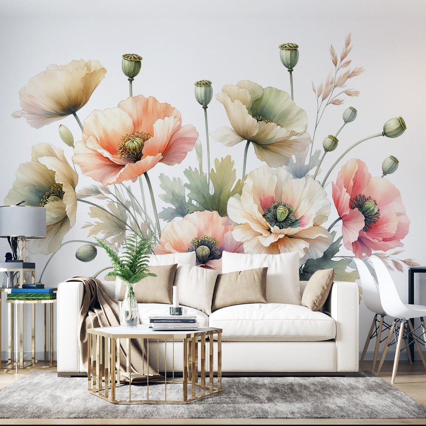 Tapete Blumen | Vintage Blumen auf weißem Hintergrund