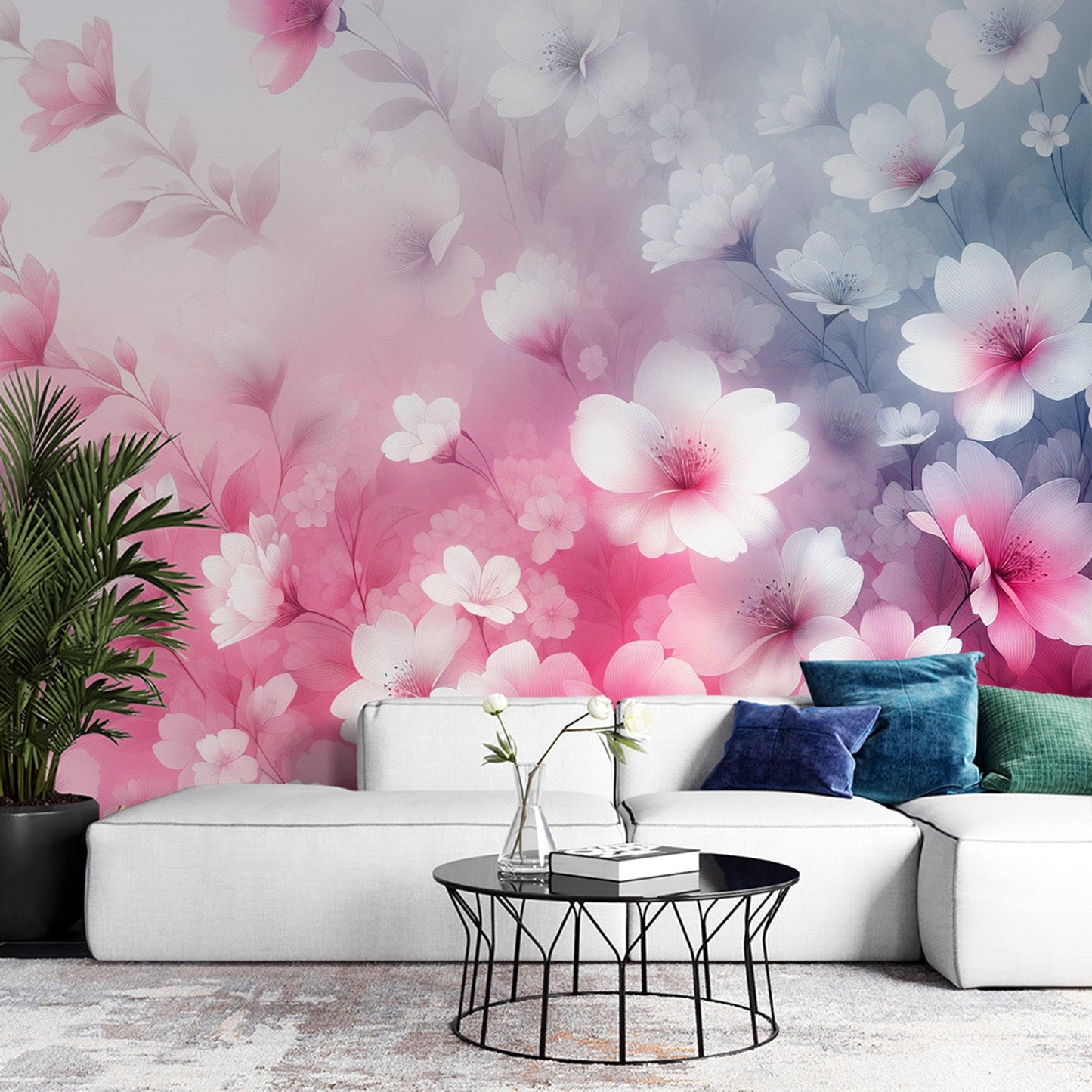 Tapete Blumen Rosa | Magnolienfeld mit rosa und blauem Farbverlauf