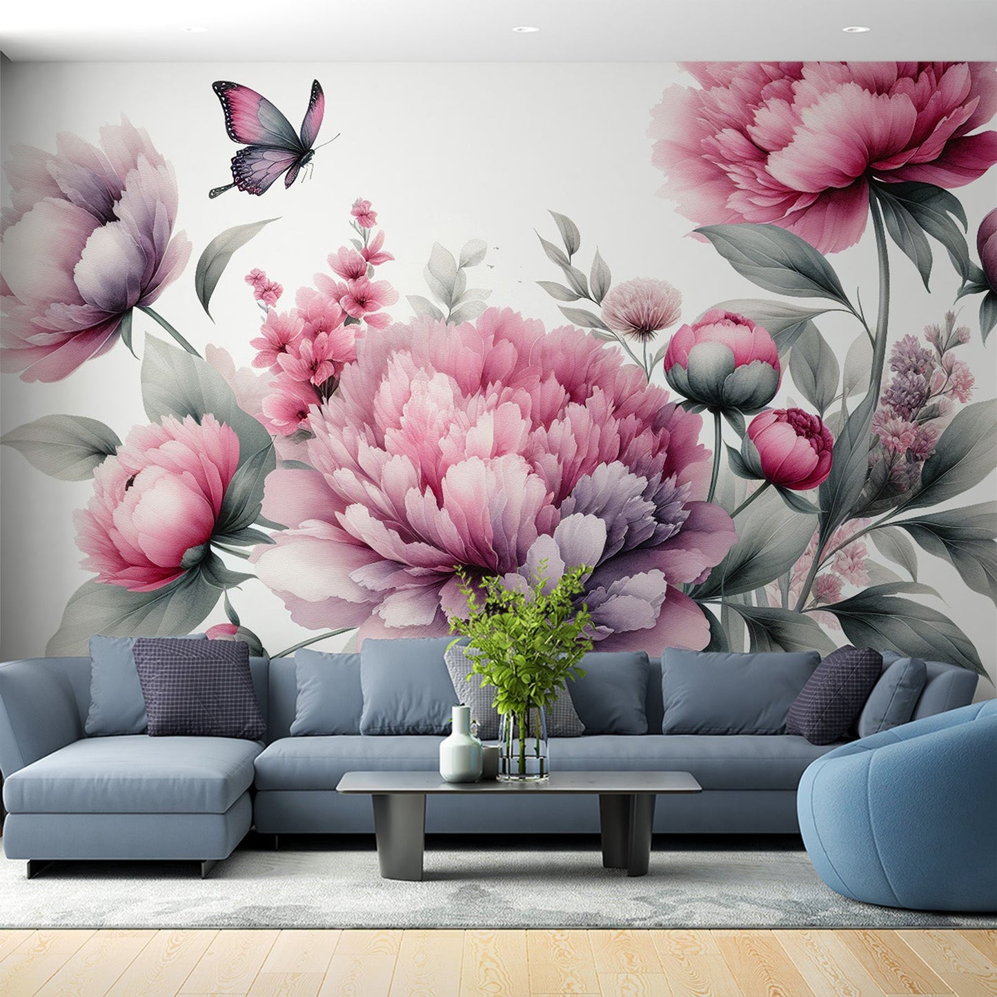Tapete Blumen Rosa | Rosa Chrysanthemen und Schmetterling