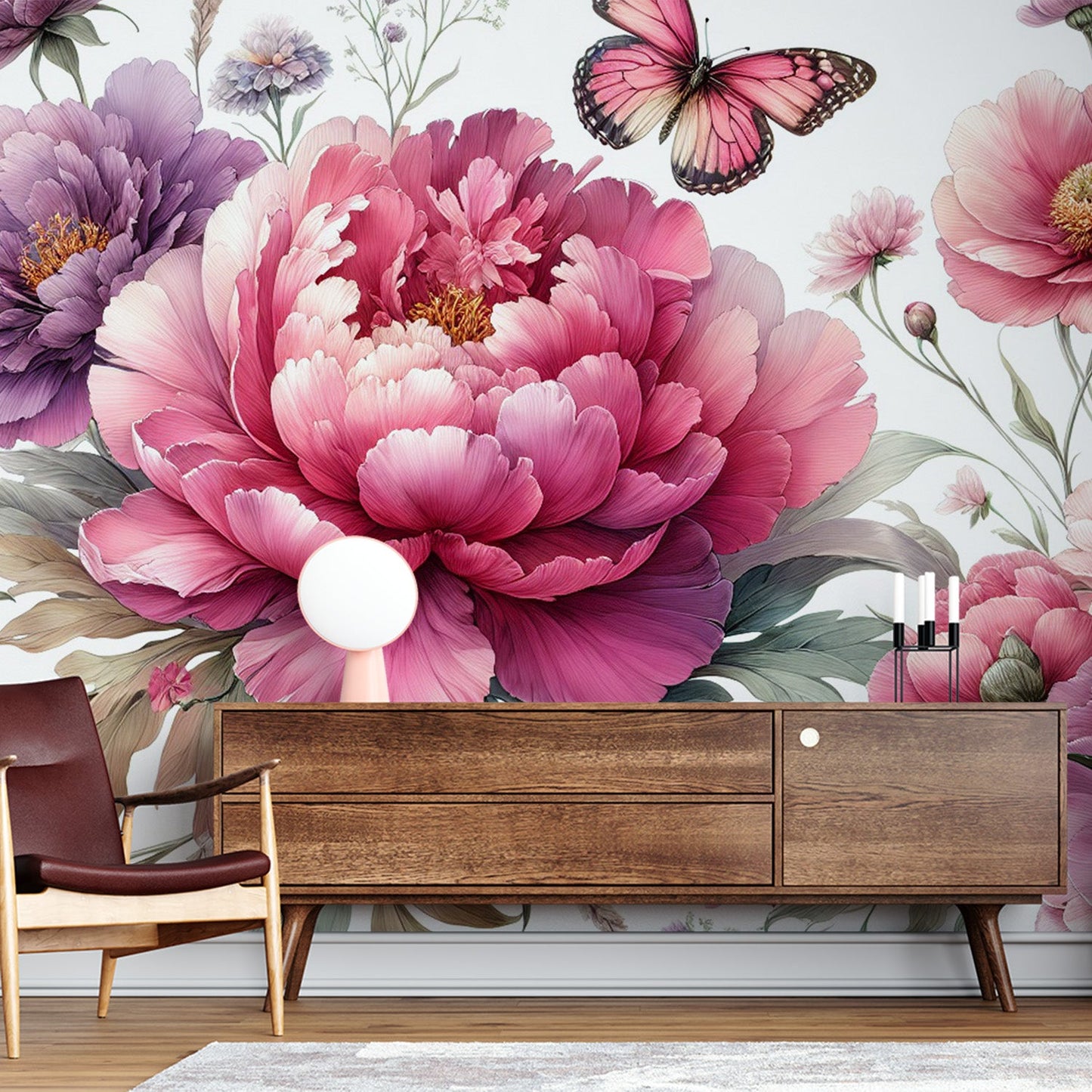 Tapete Blumen Rosa | Chrysanthemen, grüne Blätter und Schmetterlinge auf weißem Hintergrund