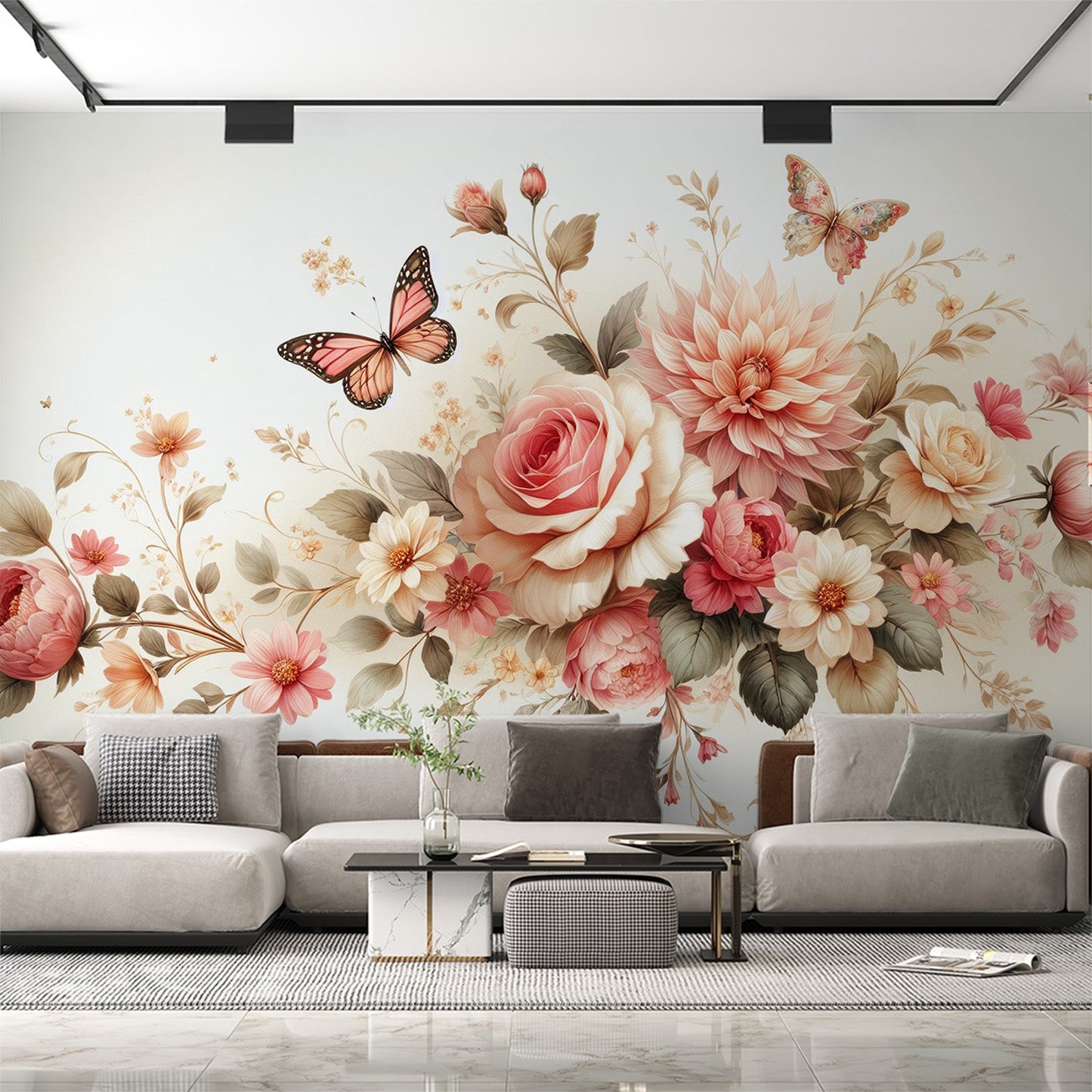 Tapete Blumen Rosa | Blumenkomposition mit Rosen und grünen Blättern