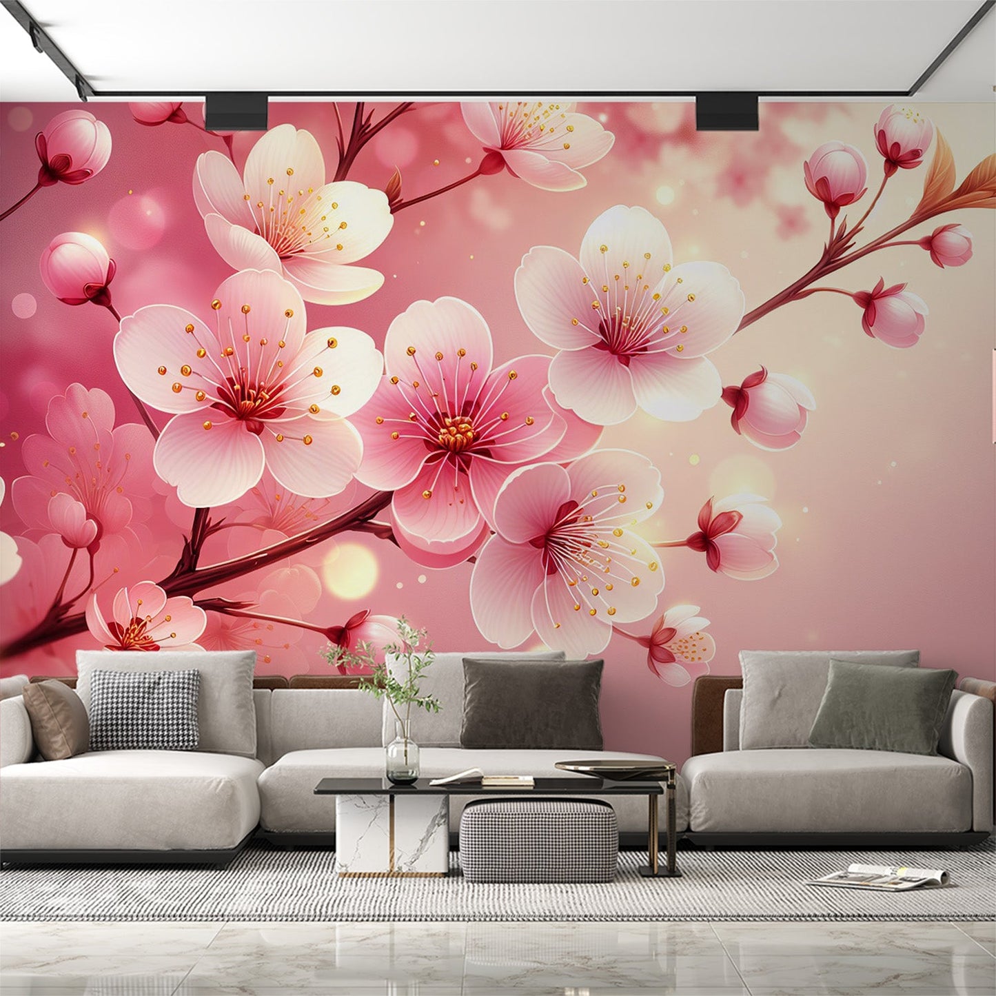Tapete Blumen Rosa | Rosa Kirschblüten mit goldenen Staubgefäßen