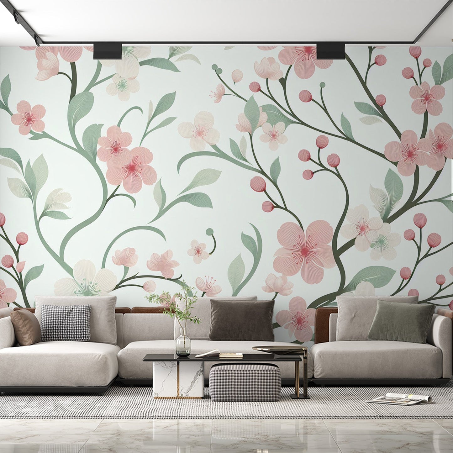 Tapete Blumen Rosa | Rosa und weiße Kirschblüten mit grünen Zweigen