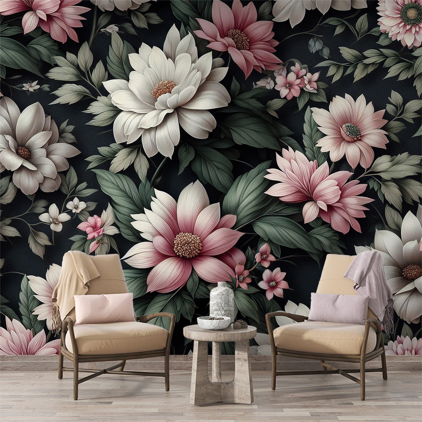 Tapete Blumen Rosa | Rosa und weiße Blumen auf schwarzem Vintage-Hintergrund