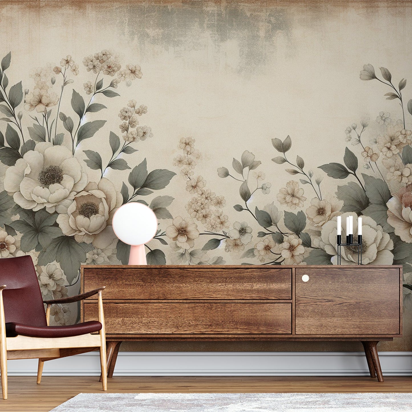 Tapete Blumen Vintage | Weiße Kamelien und grüne Blätter