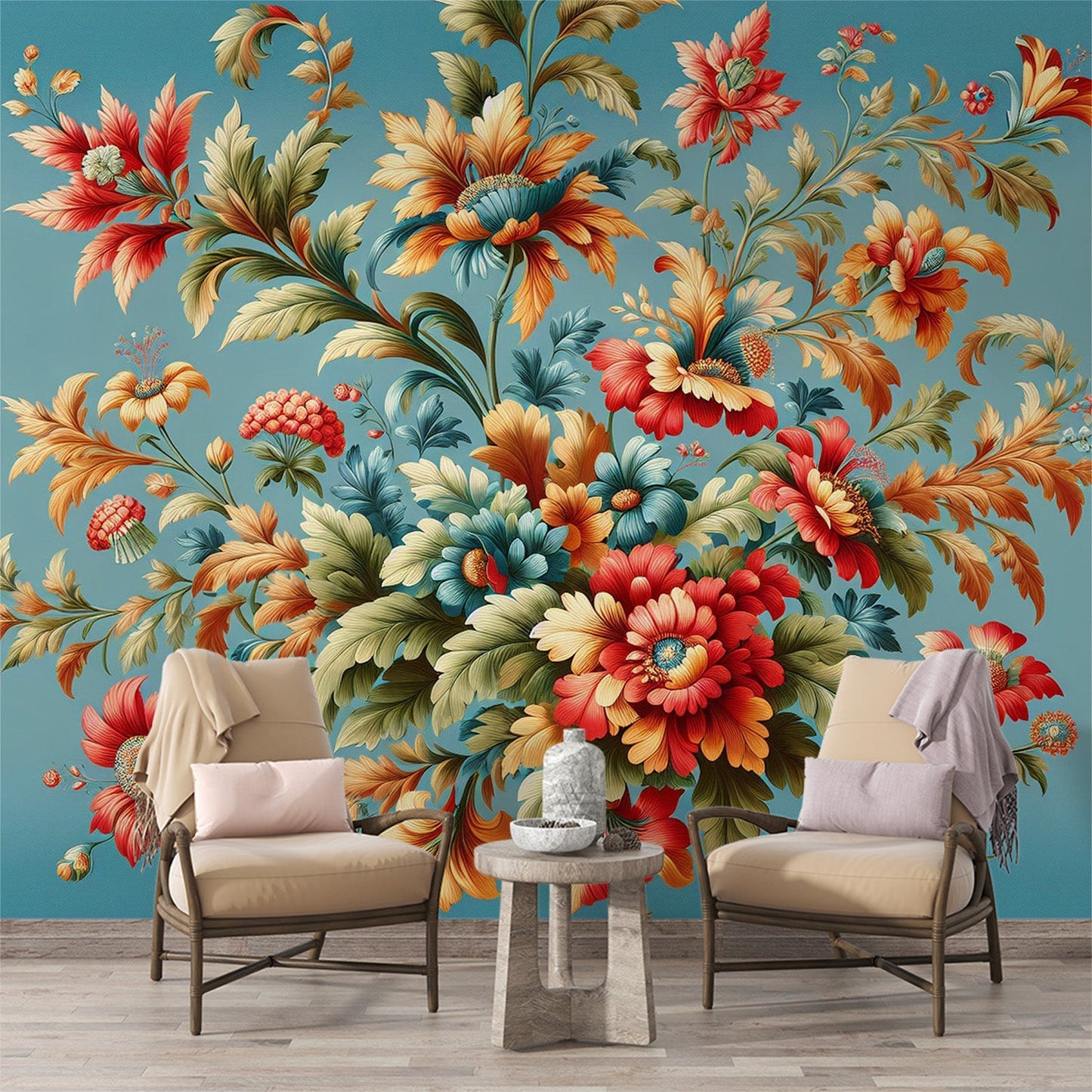Tapete Blumen Vintage | Bunte Blumen auf blauem Hintergrund
