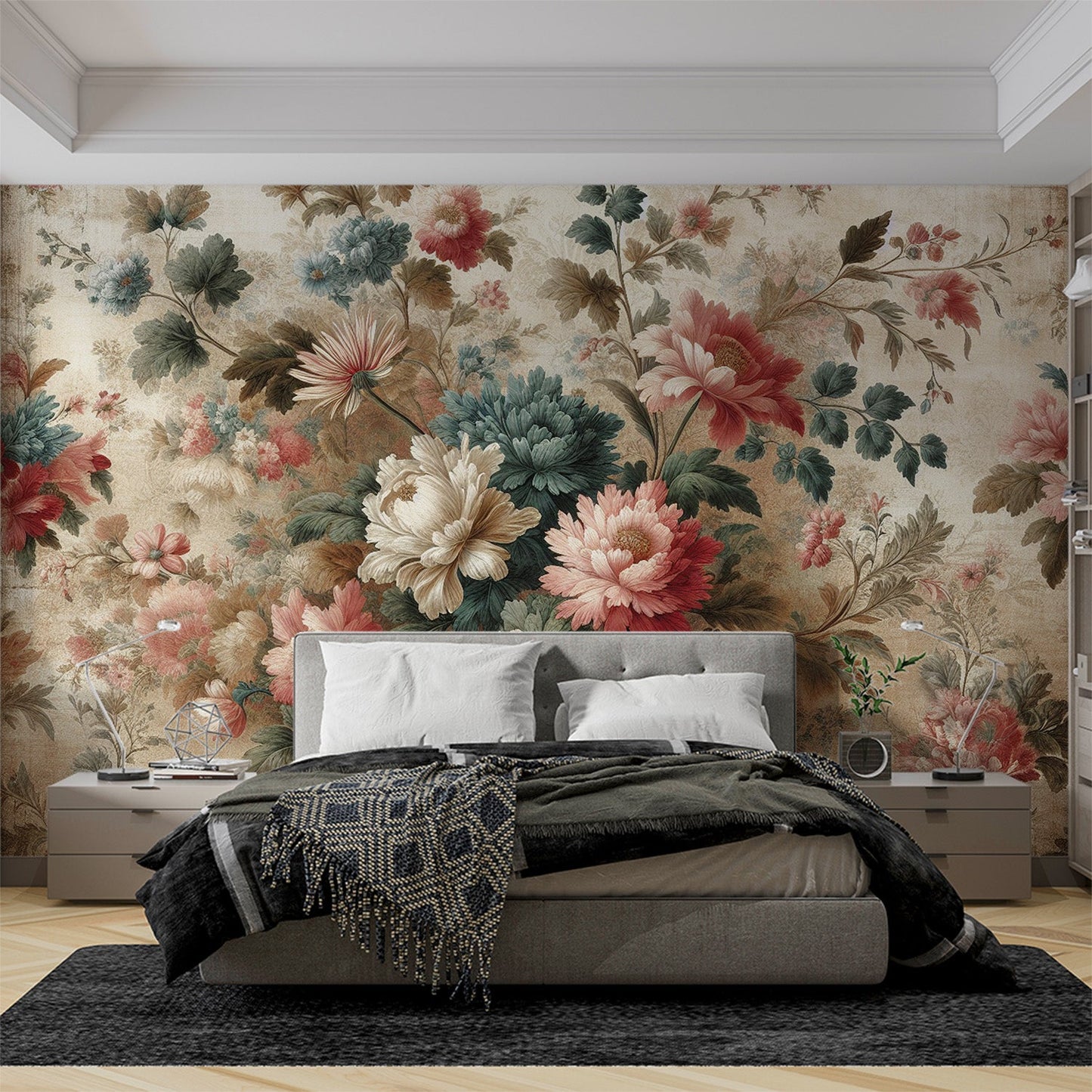 Tapete Blumen Vintage | Bunte Blütenblätter auf altmodischer Tapete