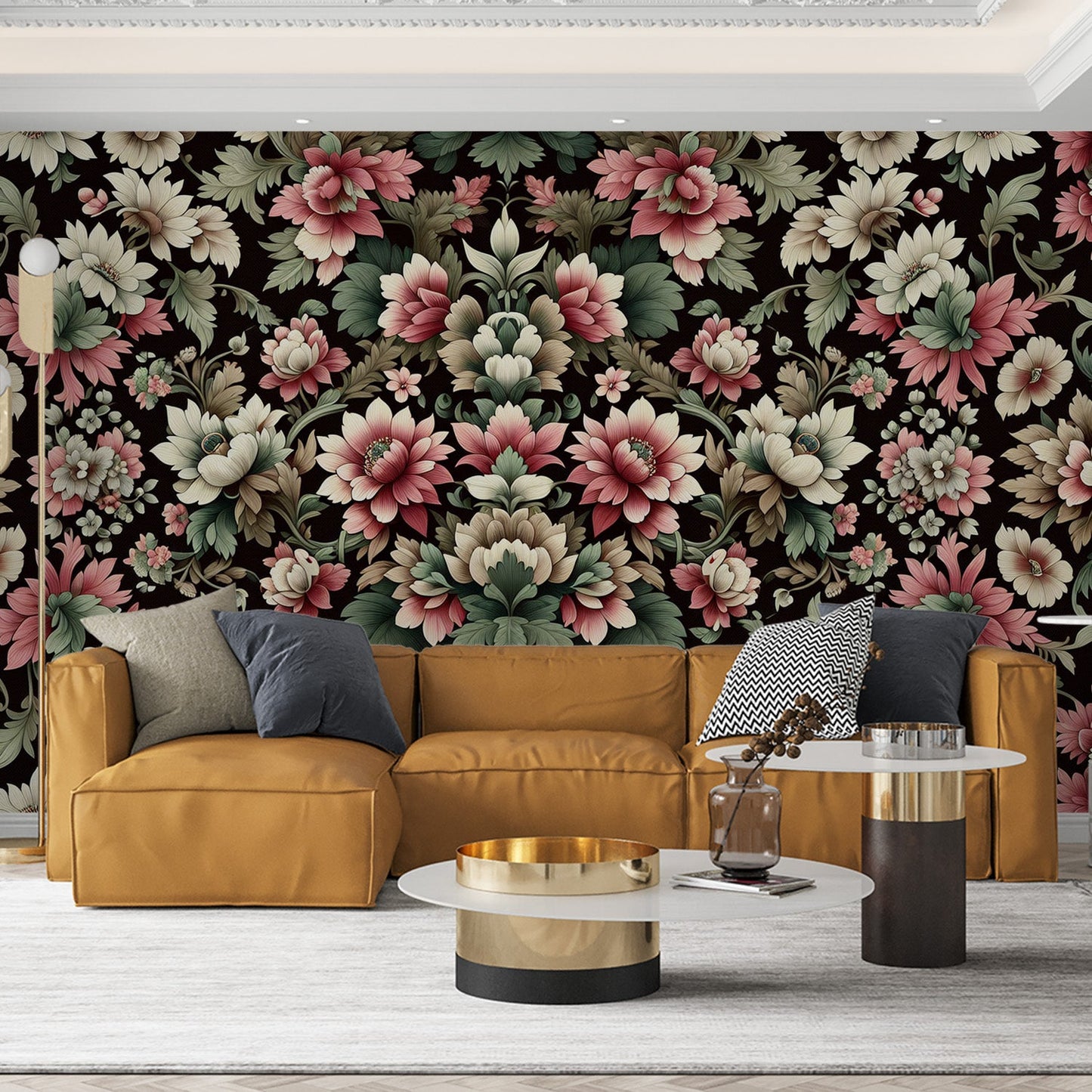 Tapete Blumen Vintage | Rosa, Weiß und Grün auf schwarzem Hintergrund