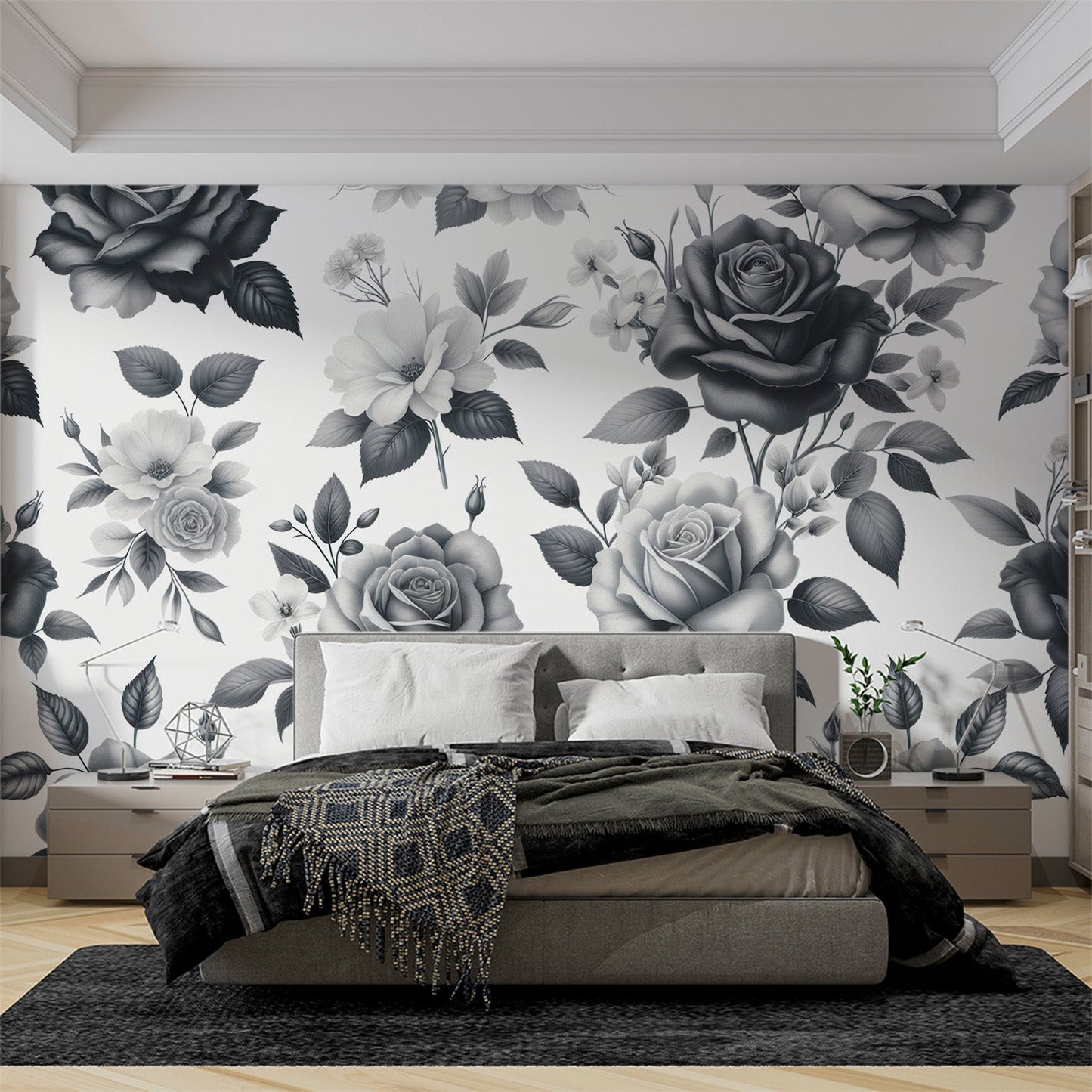 Tapete Blumen Vintage | Rosen und Blätter in Schwarz und Weiß