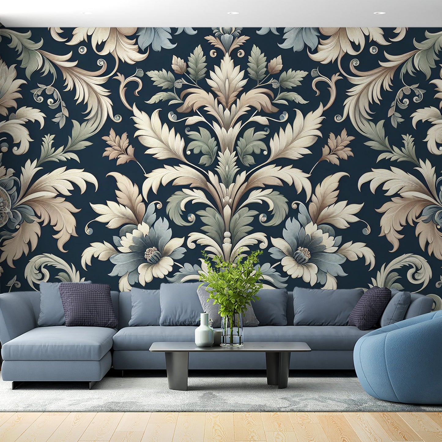 Tapete Blumen Vintage | Lilienmuster auf dunkelblauem Hintergrund