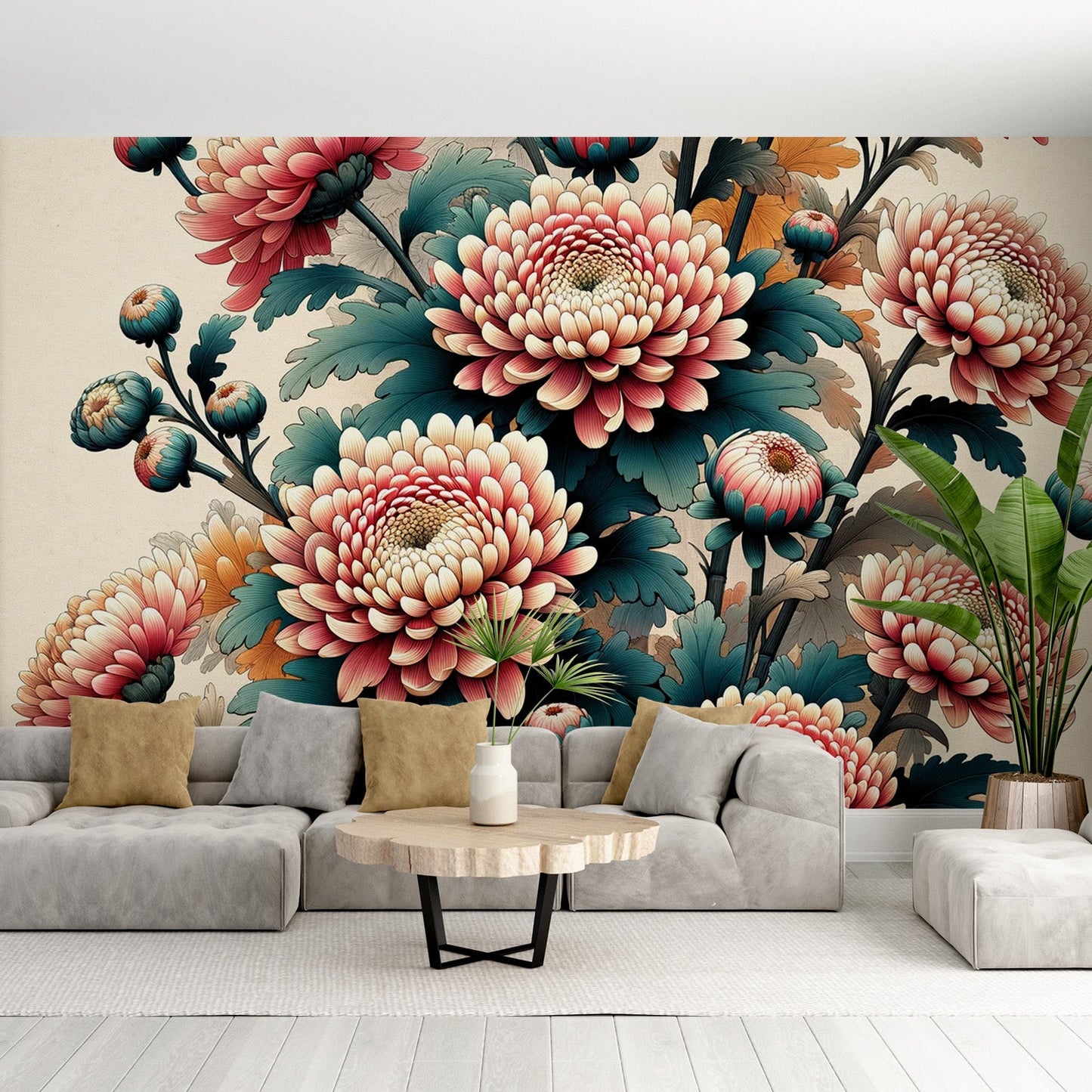 Japanische Blumen Tapete | Rosa Chrysanthemen Tapete