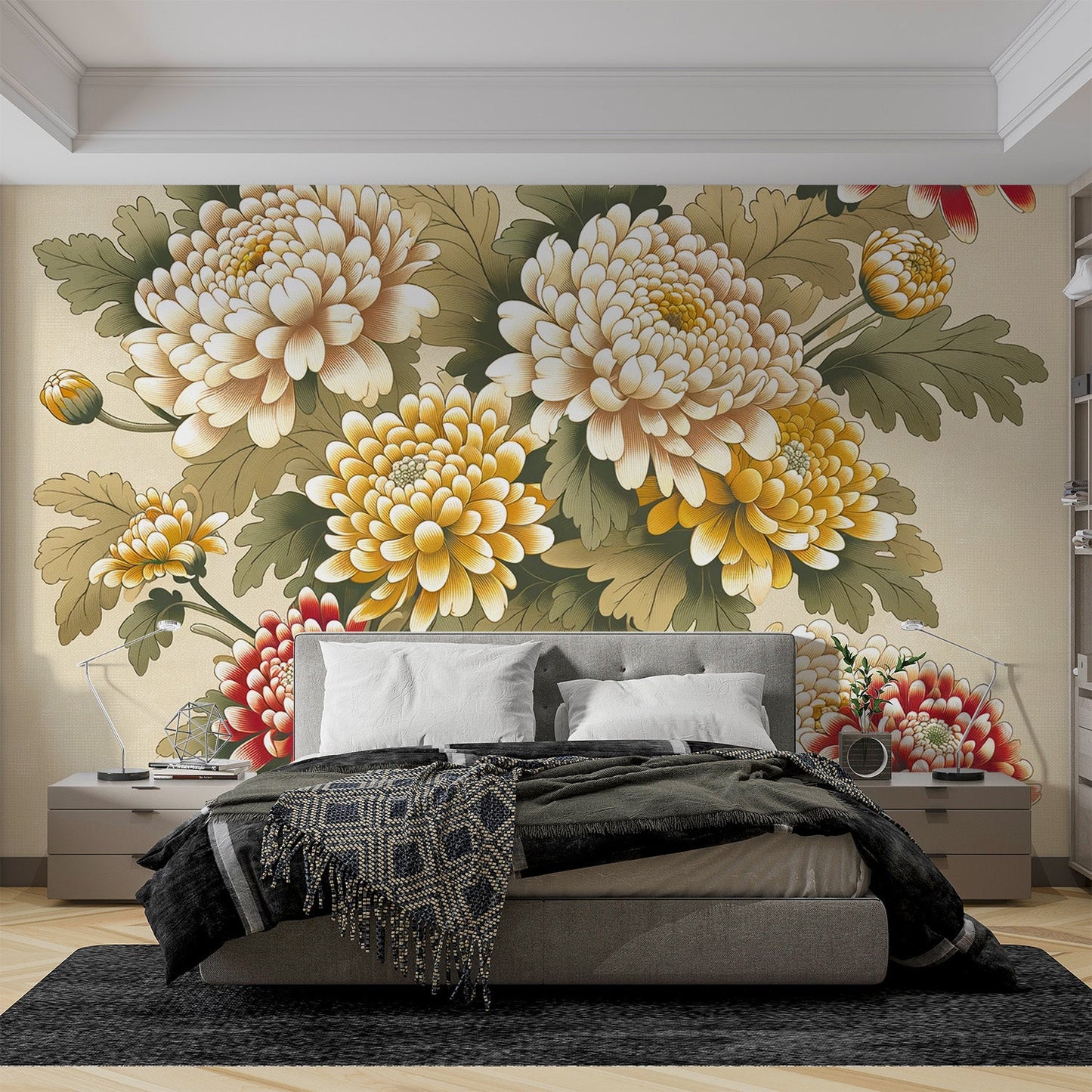 Japanische Blumen Tapete | Vintage Kiku Blumen