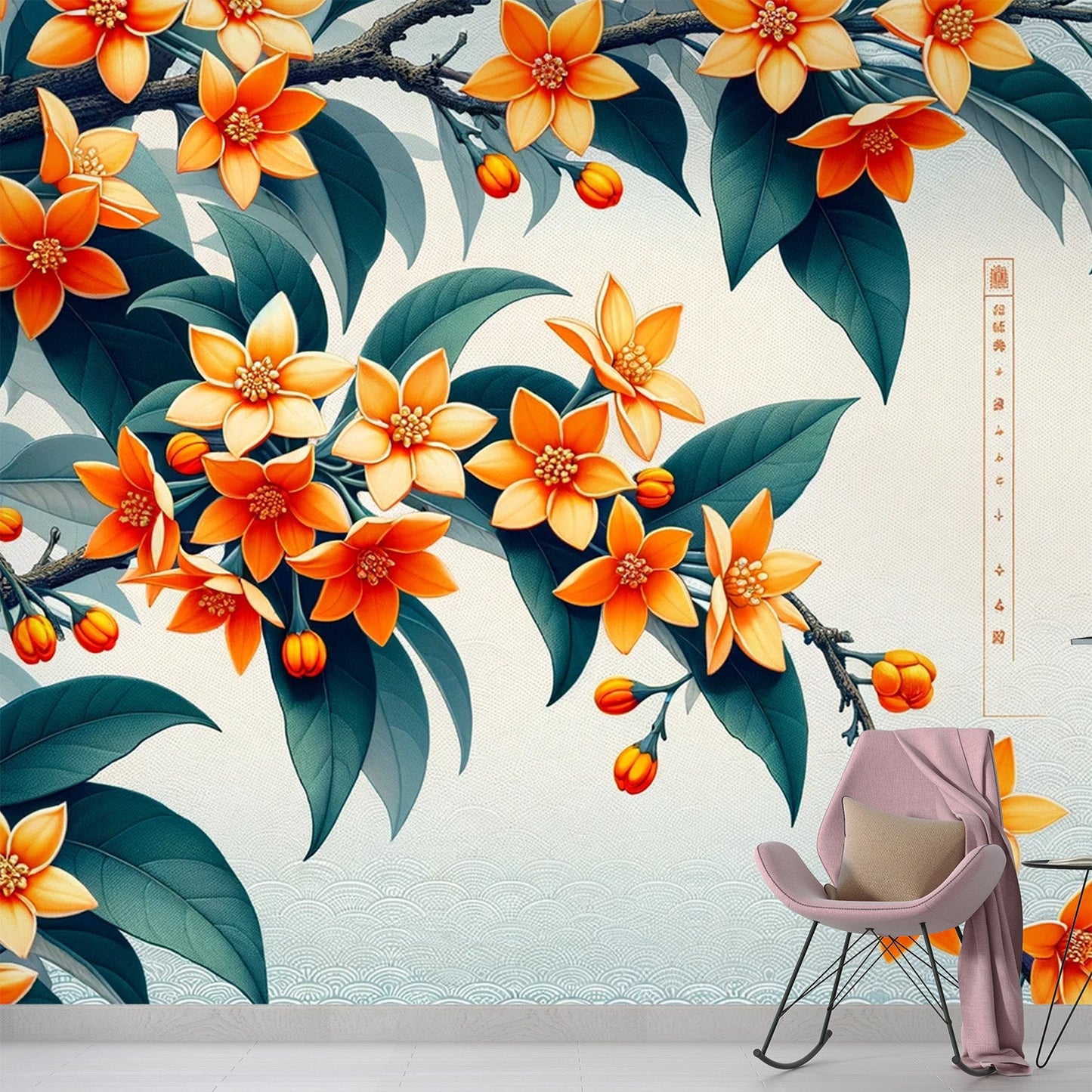 Japanische Blumen Tapete | Orange Kamelienblumen mit Wellen