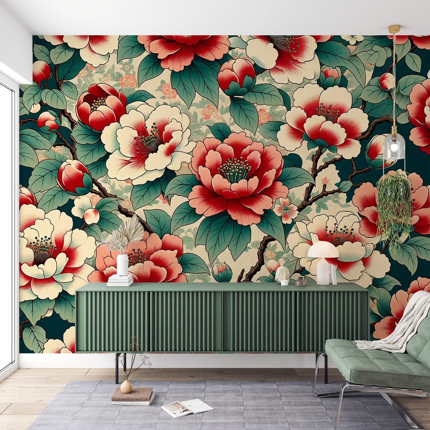 Japanische Blumen Tapete | Vintage-Stil Kamelien Tapete