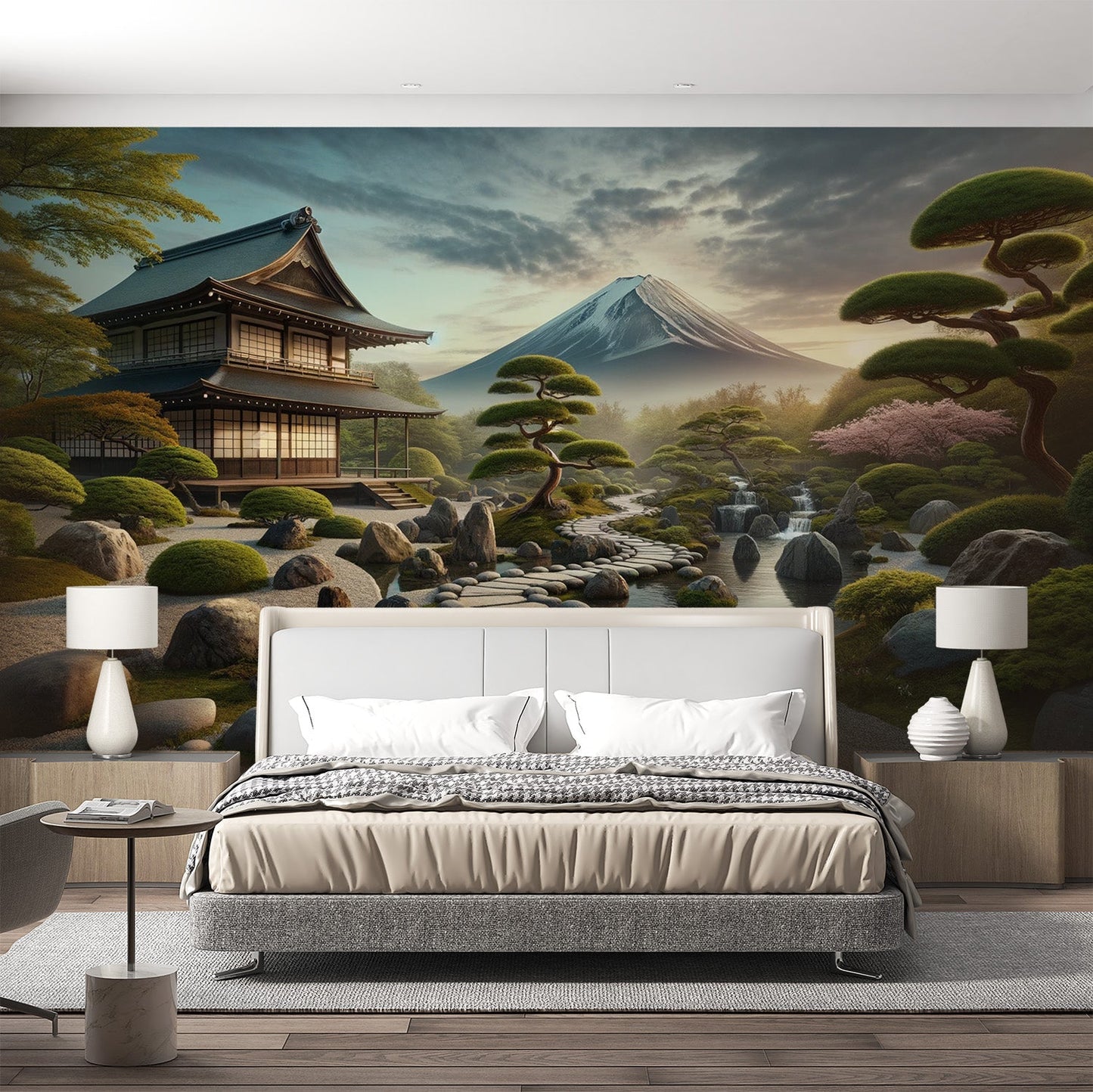 Japanische Tapete | Realistische Illustration eines Tempels am Fuße des Mount Fuji