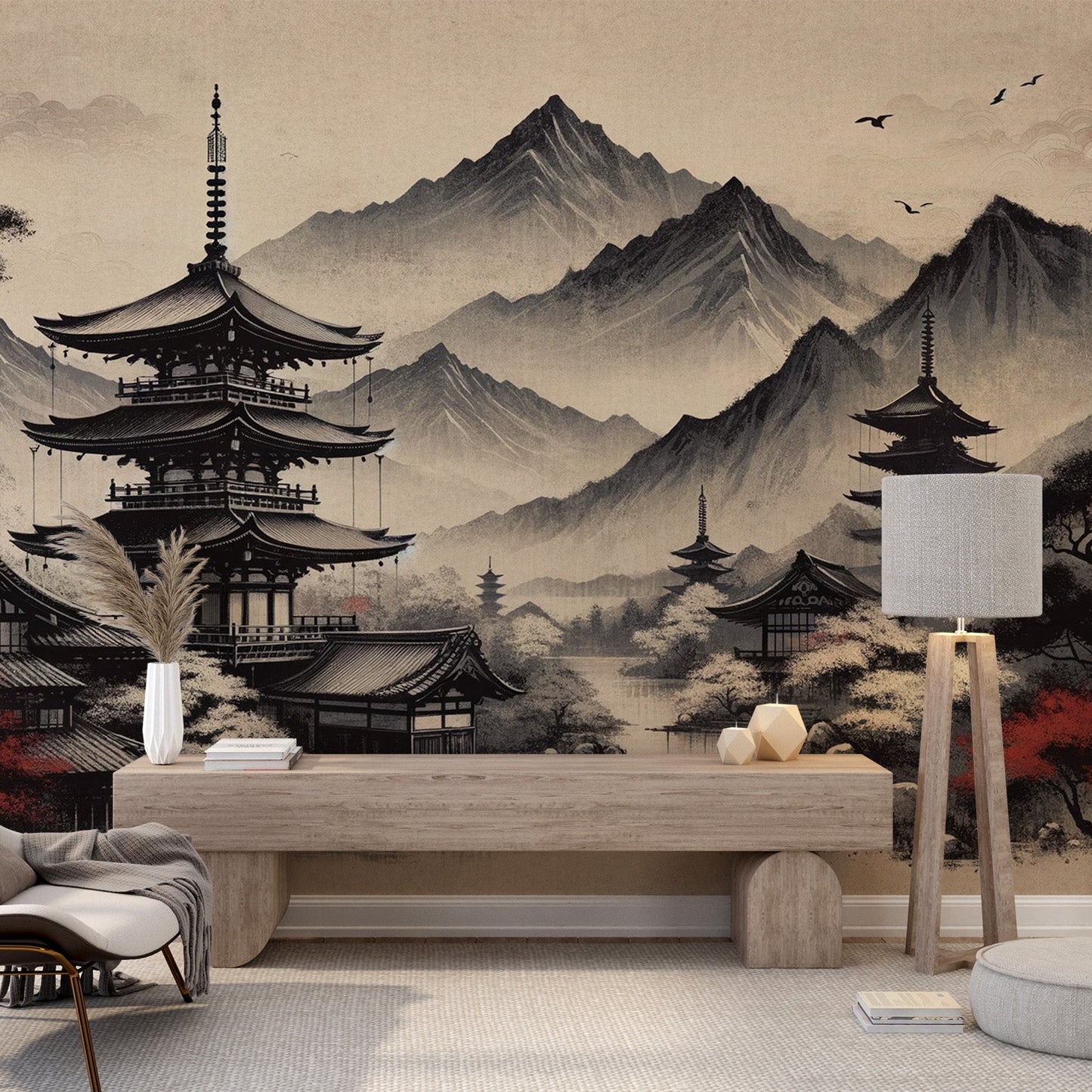 Japanische Tapete | Schwarze und rote Atmosphäre mit See und Tempel