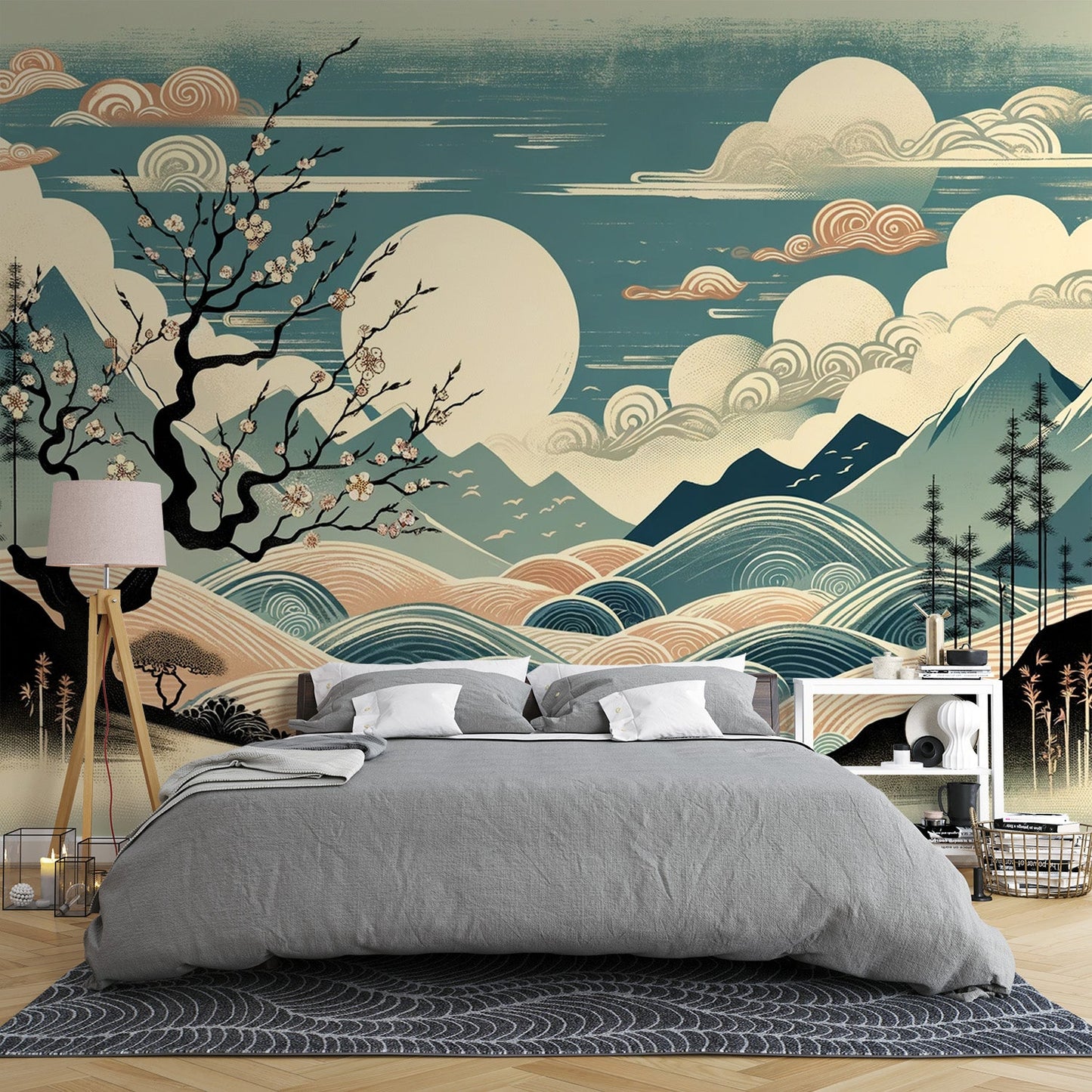 Japanische Tapete | Design mit Berg und Sakura gealtert