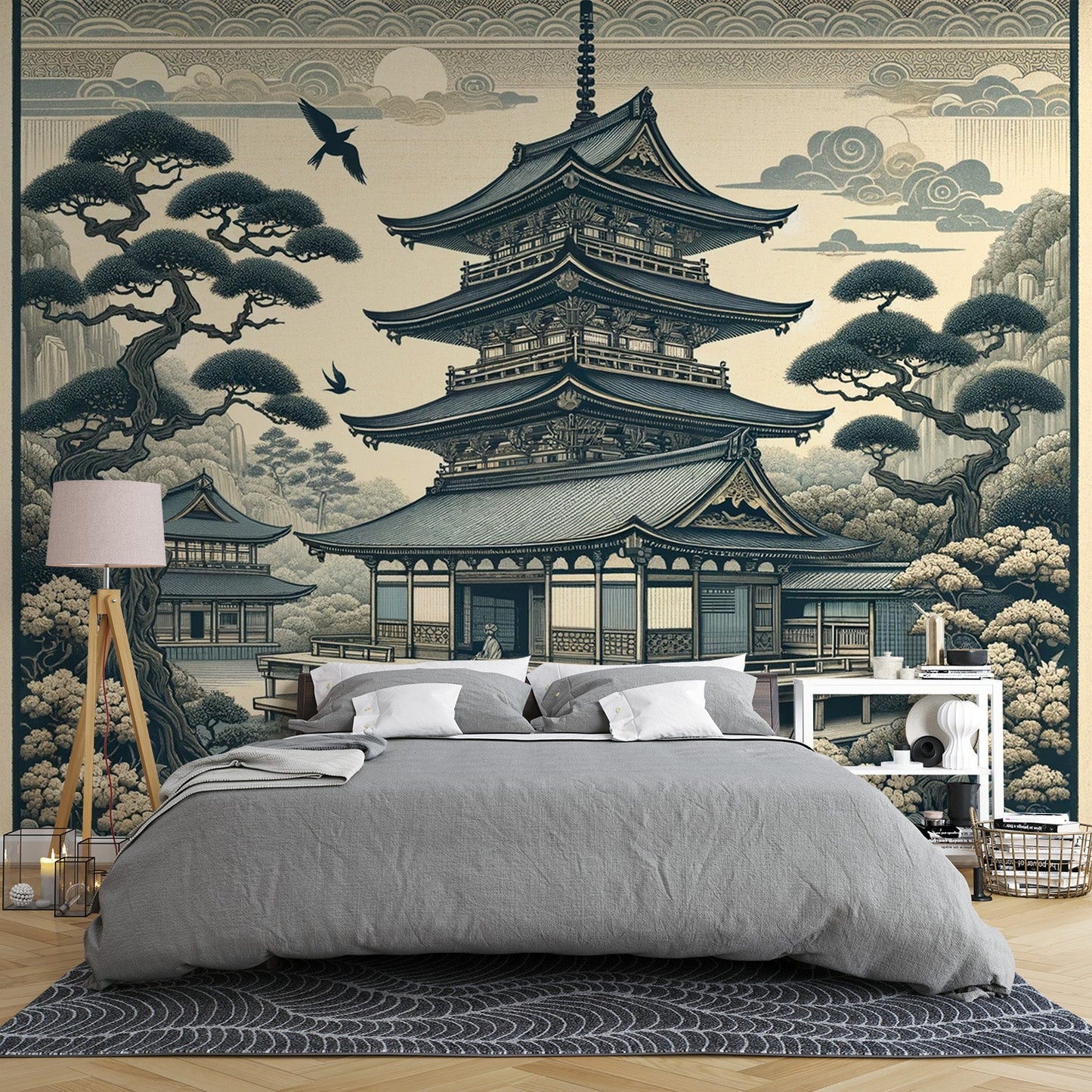 Japanische Tapete | Tempel in neutralen und sanften Farben