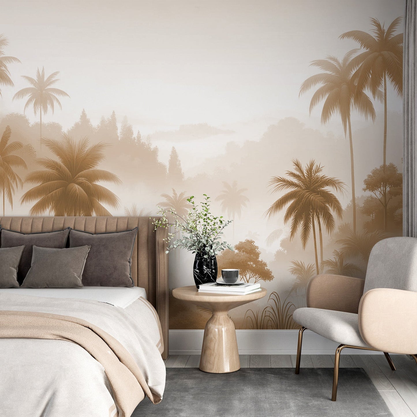Dschungel Tapete | Beige Palmen Tal und Nebel