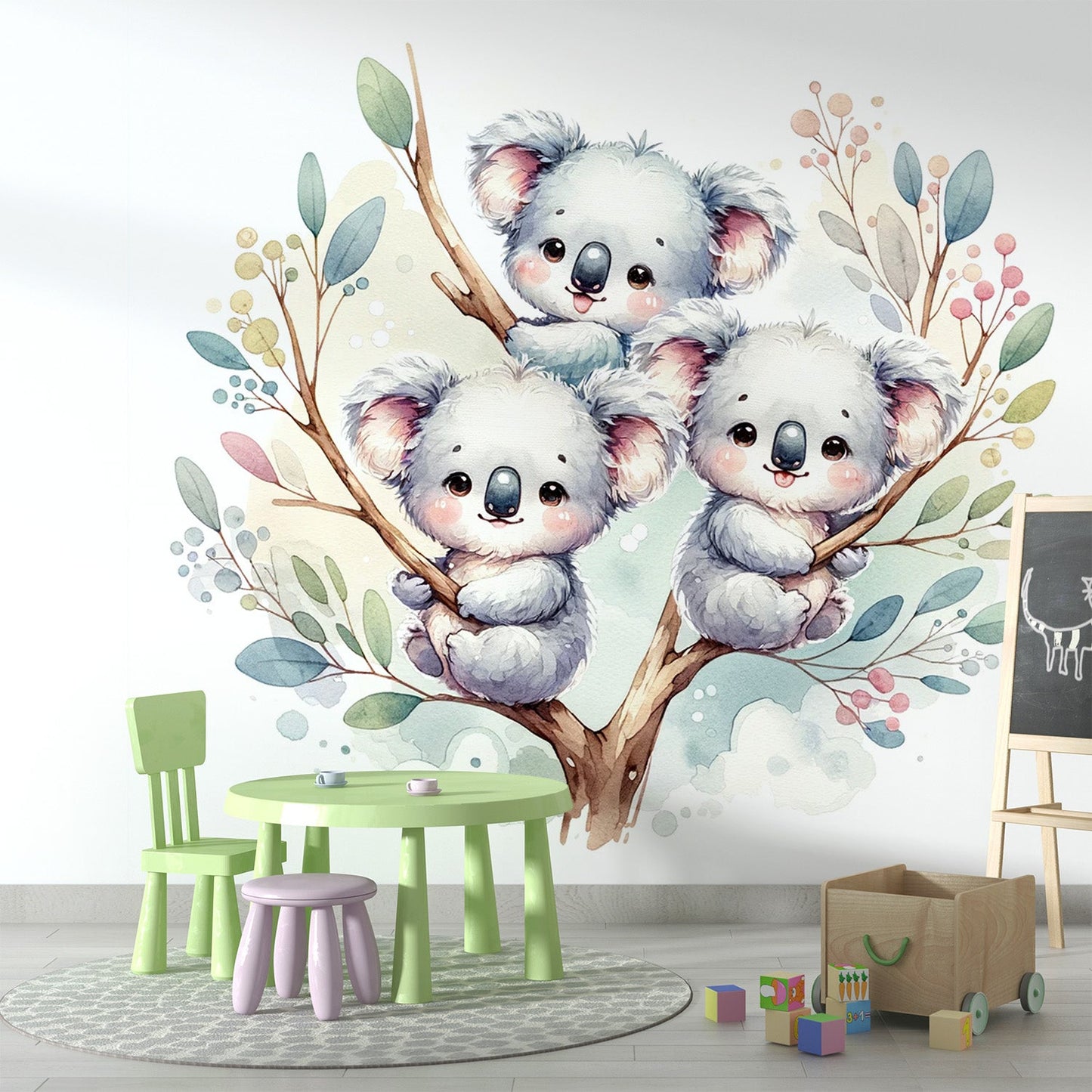 Tapete Tiere Koala | Aquarell von drei niedlichen Baby-Koalas