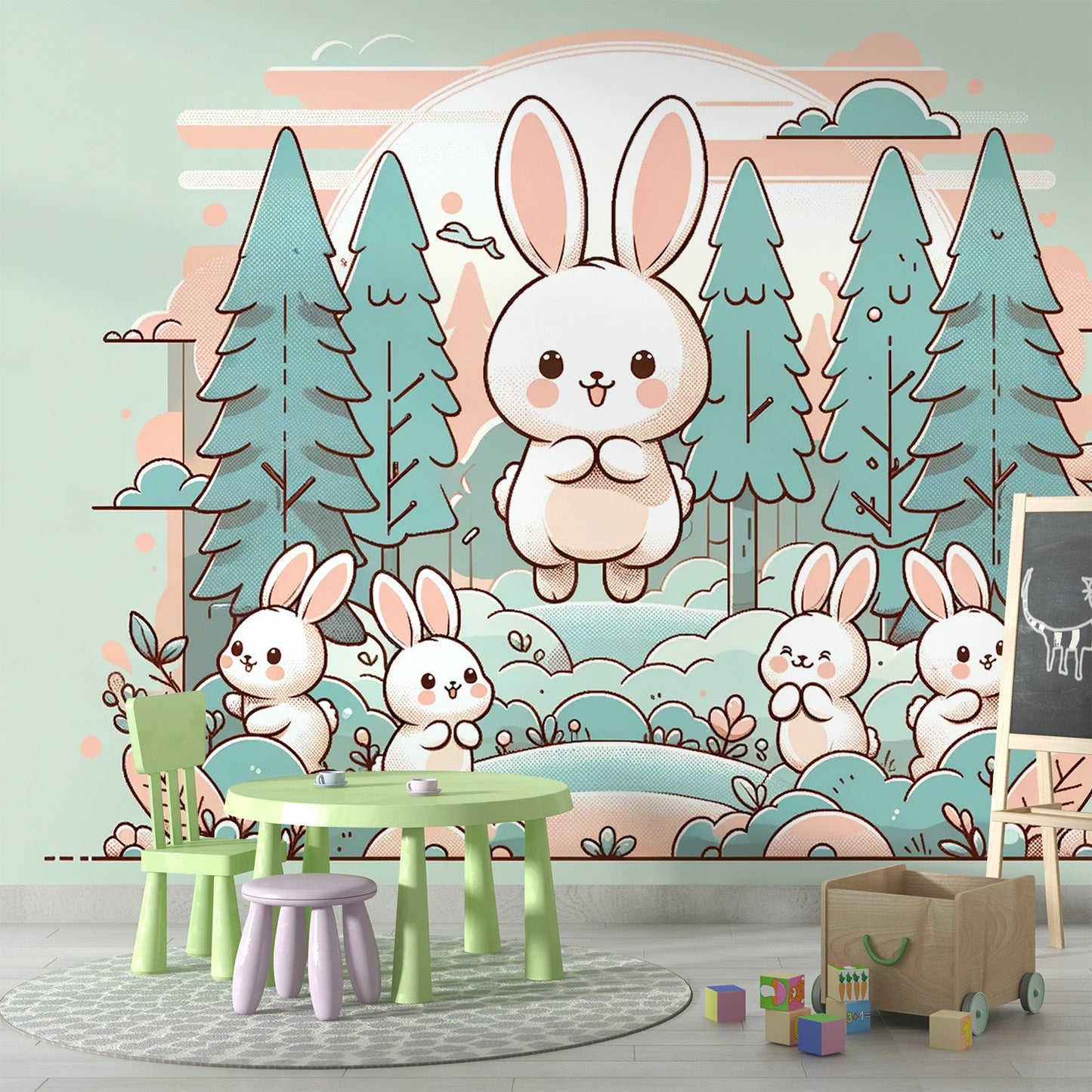 Kindertapete mit Kaninchene | Zu niedlich im Wald