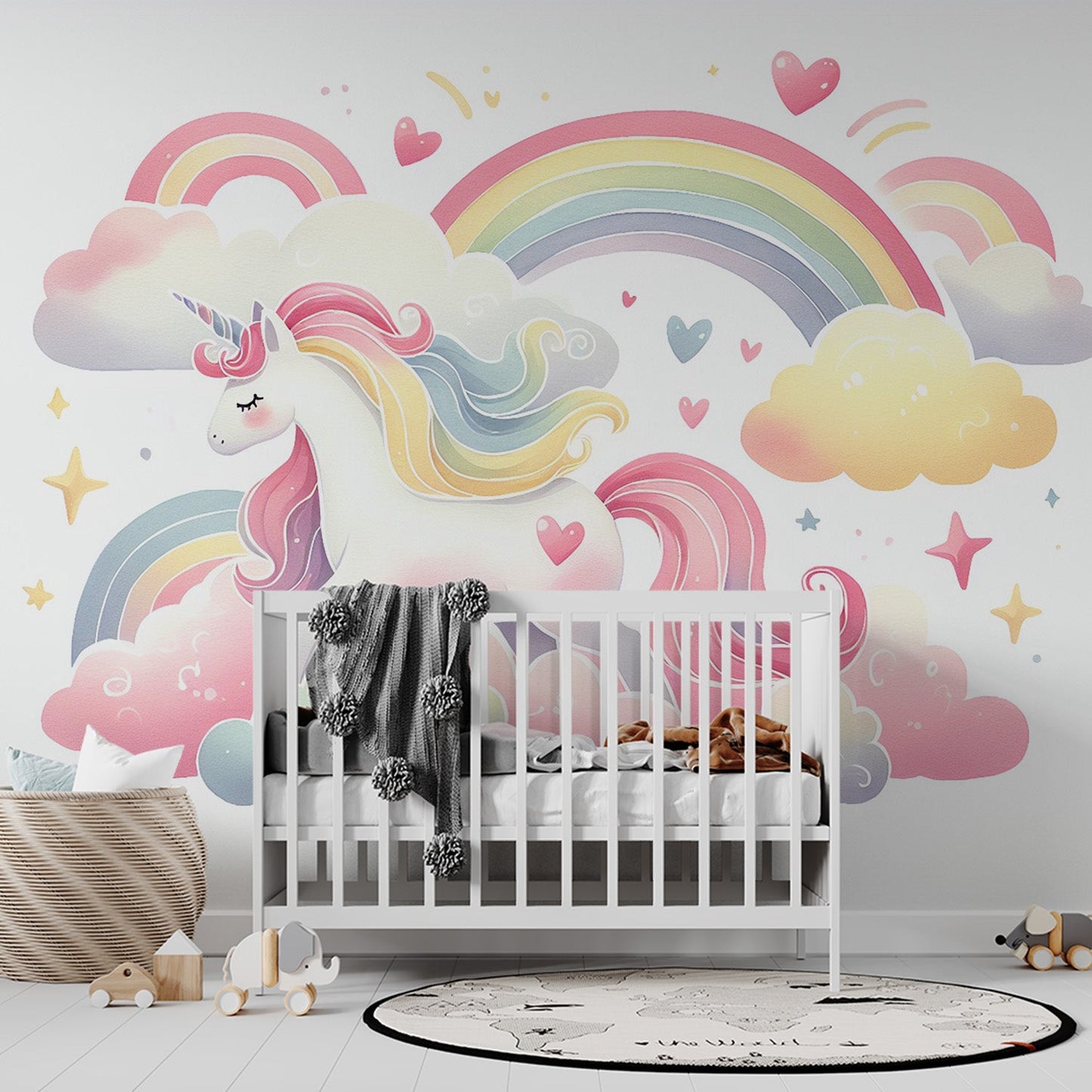 Einhorn Tapete | Regenbogen, Wolken, Herzen und kleines Einhorn
