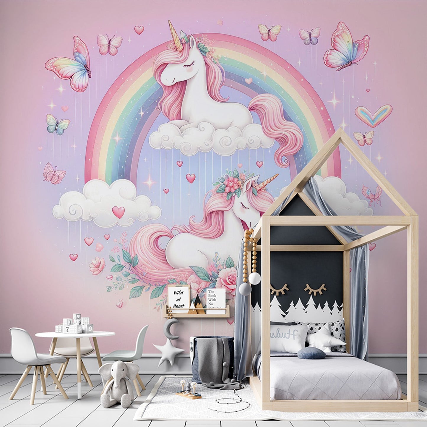 Einhorn Tapete | Regenbogen und Einhorn Duo auf ihrer Wolke