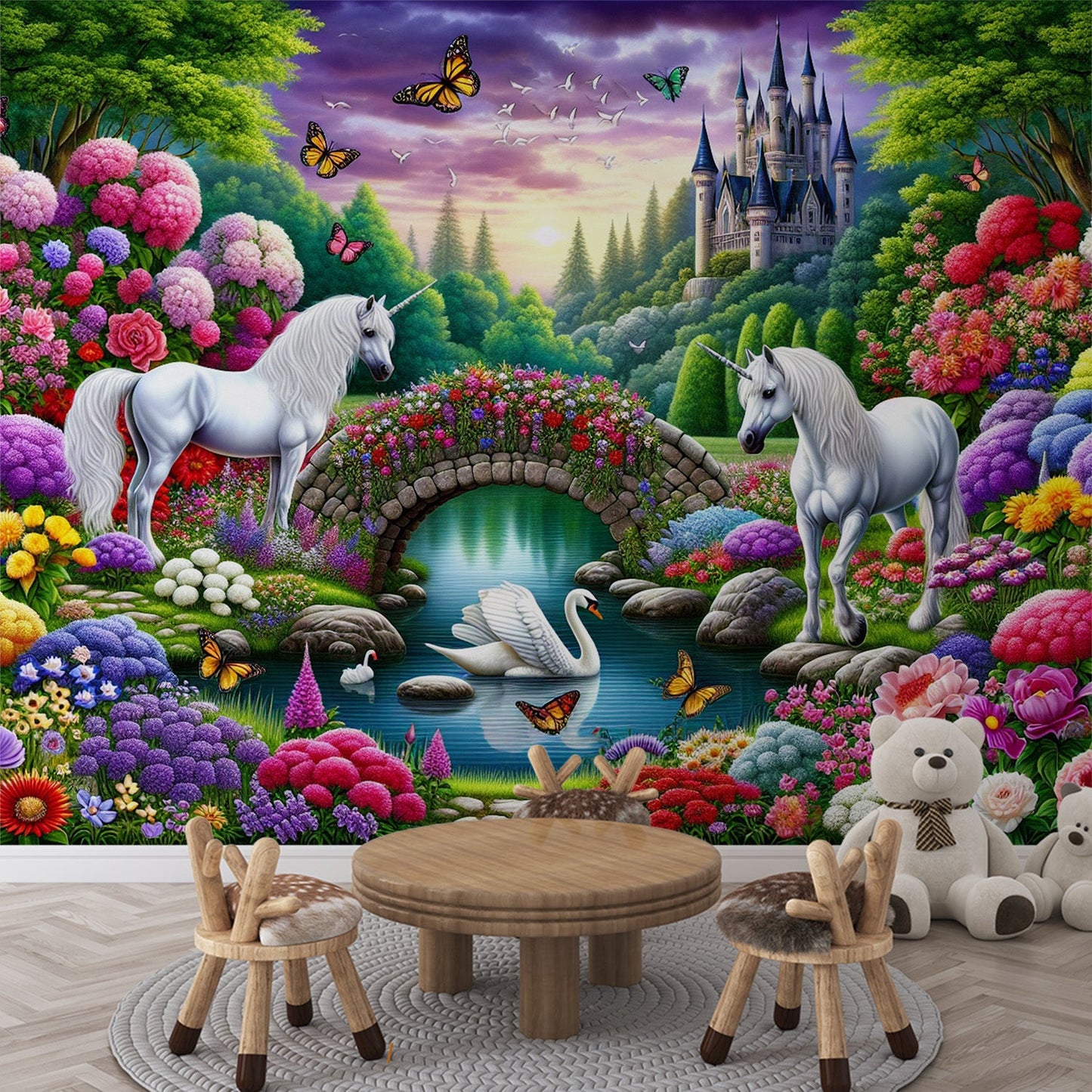 Einhorn Tapete | Schloss, Schwan und bunte Blumen
