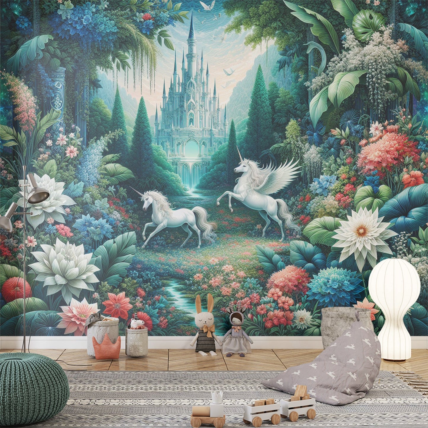 Einhorn Tapete | Schloss im tropischen Wald mit Einhorn-Duo