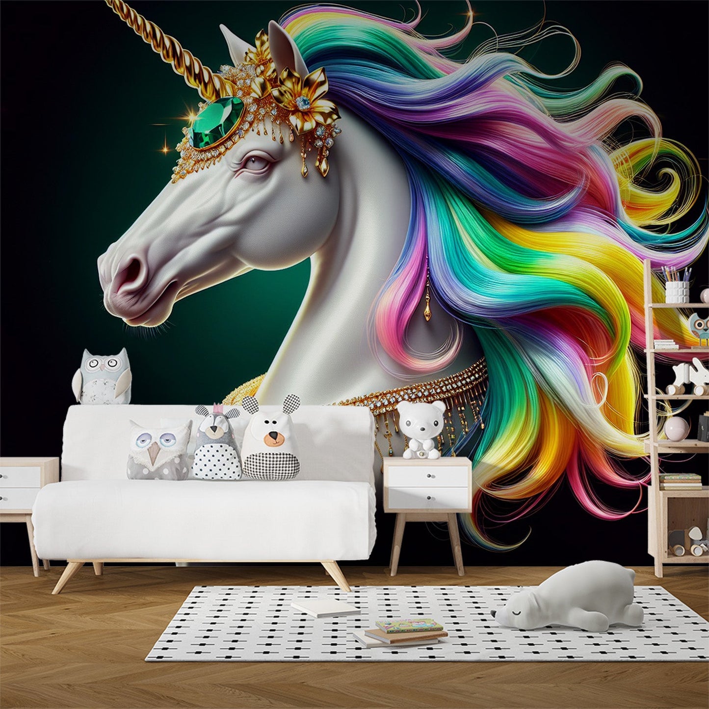 Einhorn Tapete | Regenbogenmähne und goldene Juwelen