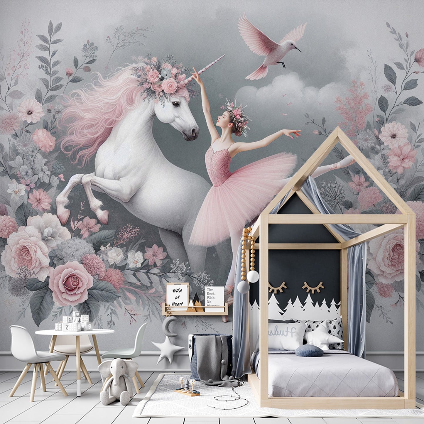Einhorn Tapete | Tänzerin und Einhorn in rosa Blumen
