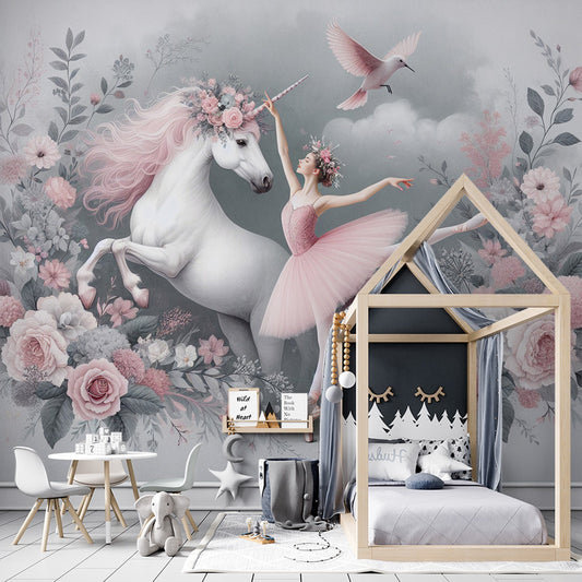 Einhorn Tapete | Tänzerin und Einhorn in rosa Blumen