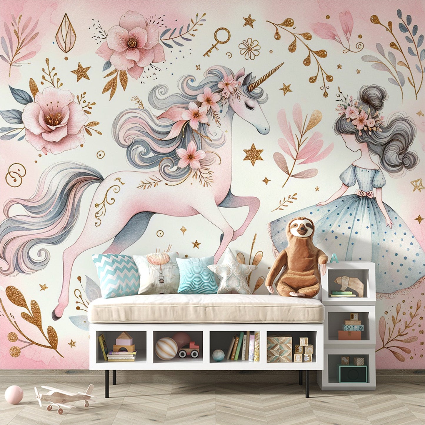 Einhorn Tapete | Tänzerin und Einhorn in einer rosa und goldenen Tapete
