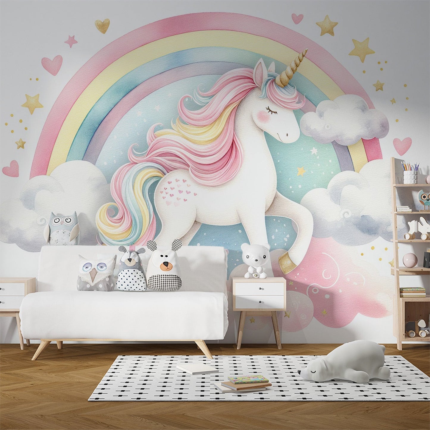 Einhorn Tapete | Zeichnung eines Regenbogen-Einhorns mit Wolken