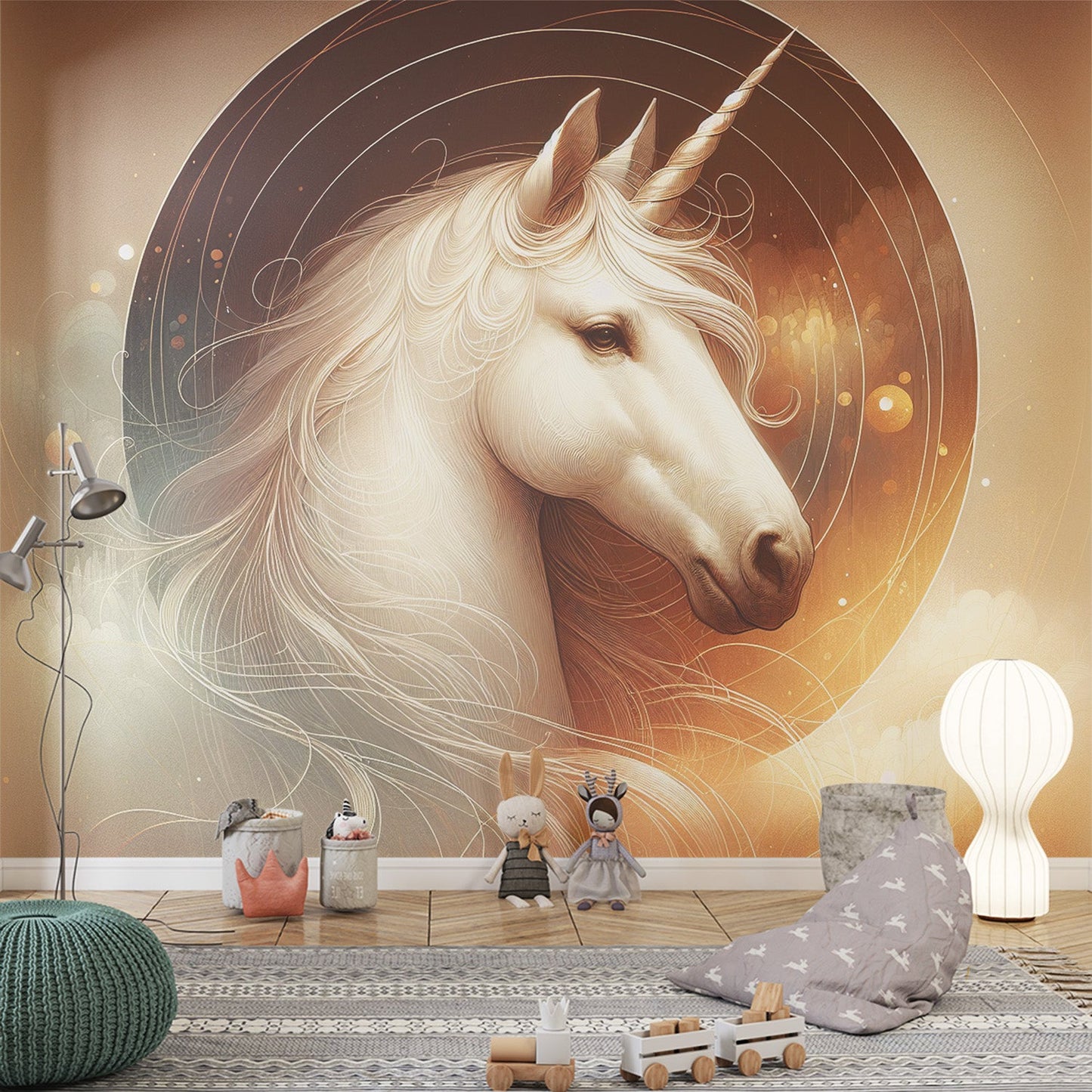 Einhorn Tapete | Beiger Hintergrund mit erhabenem weißen Einhorn