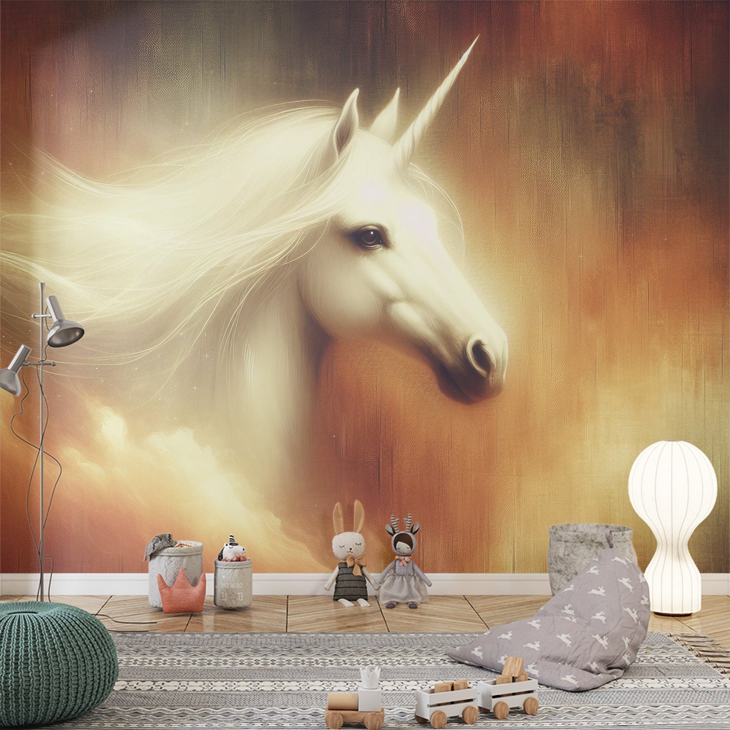 Einhorn Tapete | Magischer Durchgang eines weißen Einhorns auf Vintage-Hintergrund