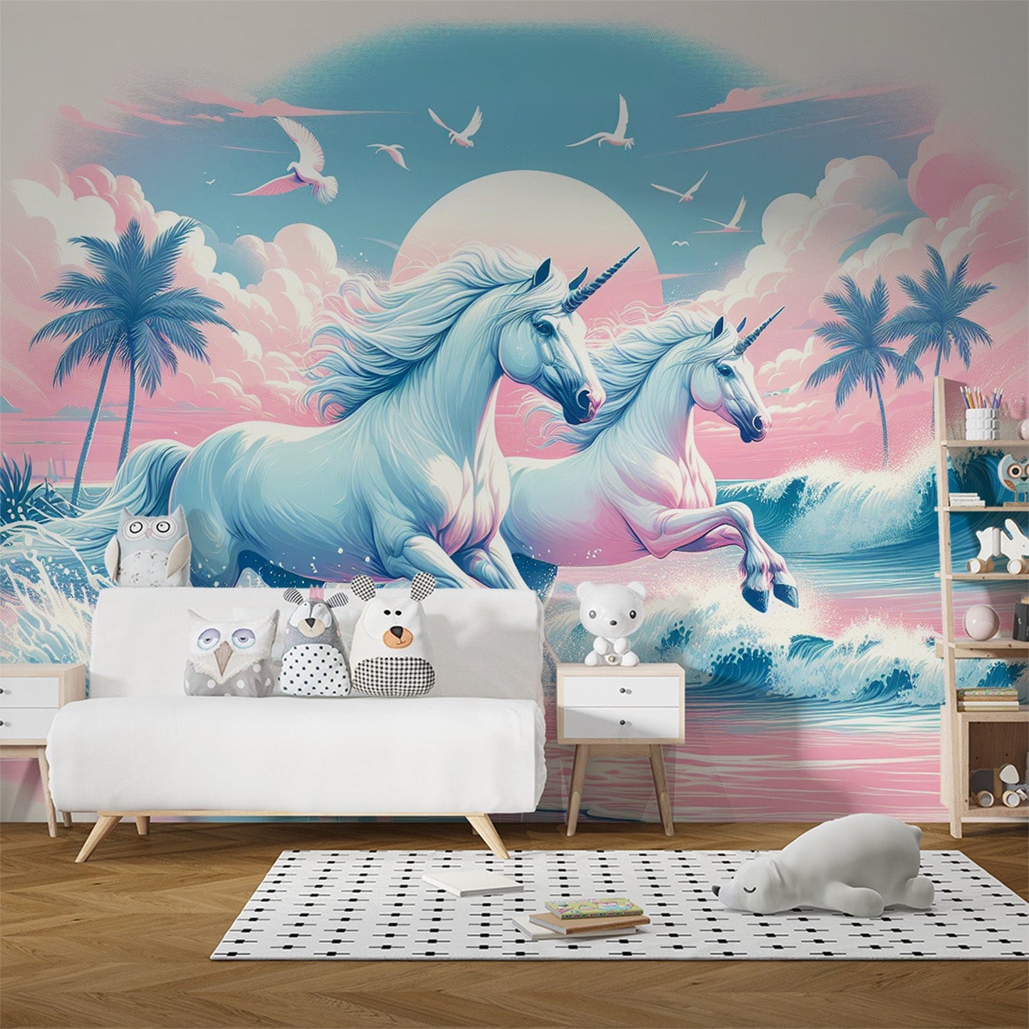 Einhorn Tapete | Tropischer Strand mit rosa und blauem Hintergrund