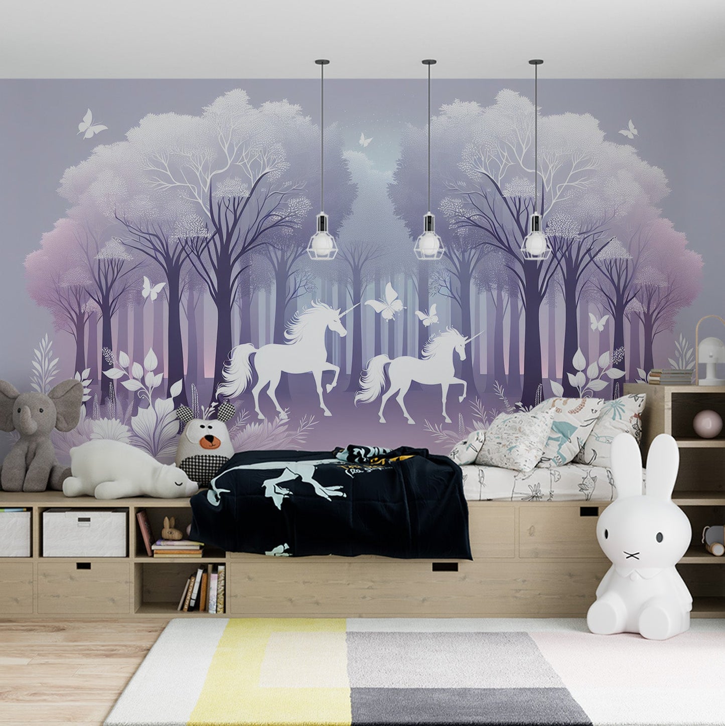 Einhorn Tapete | Einhornsilhouetten in einem violetten Wald