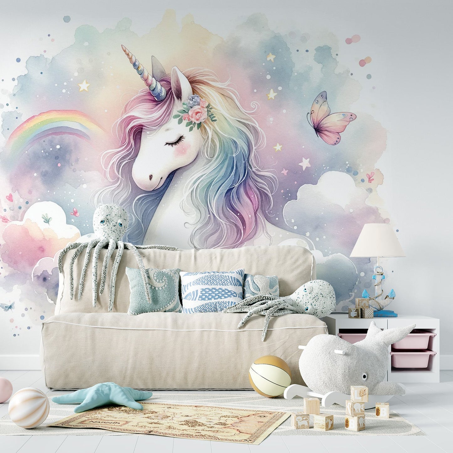 Einhorn Tapete | Aquarell mit Regenbogen