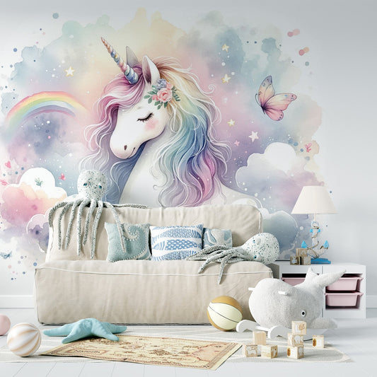 Einhorn Tapete | Aquarell mit Regenbogen