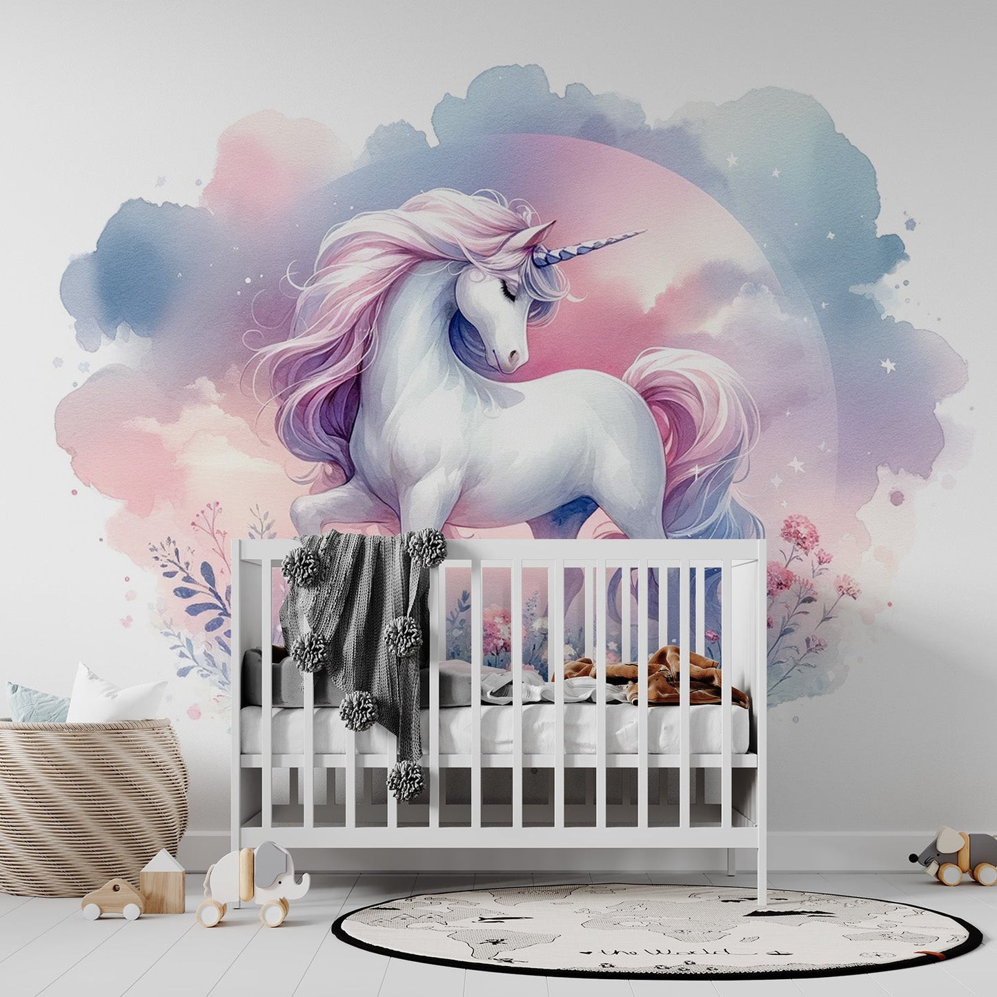 Einhorn Tapete | Rosa und Blaue Aquarellblumen Tapete