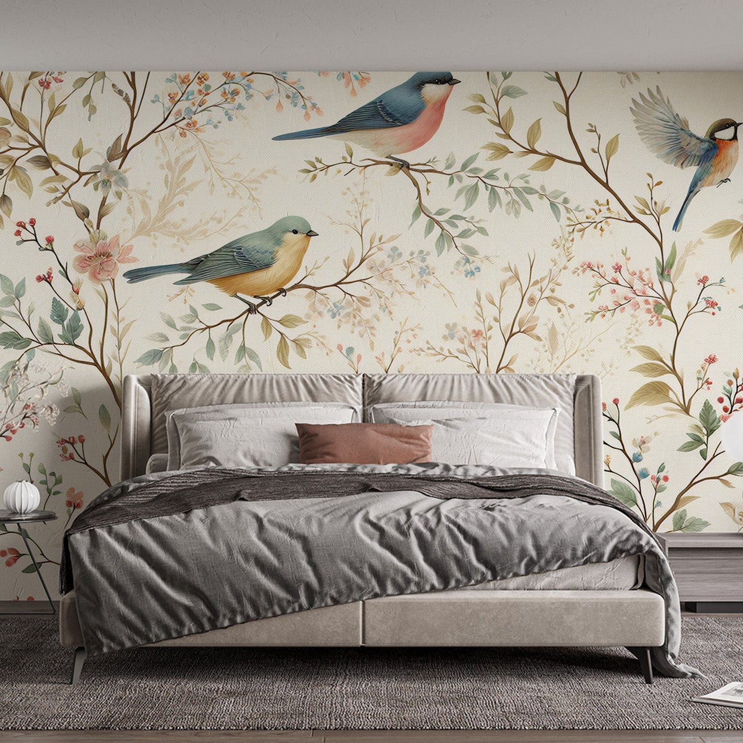 Tapete Vögel | Blätter und Vögel im Vintage-Stil