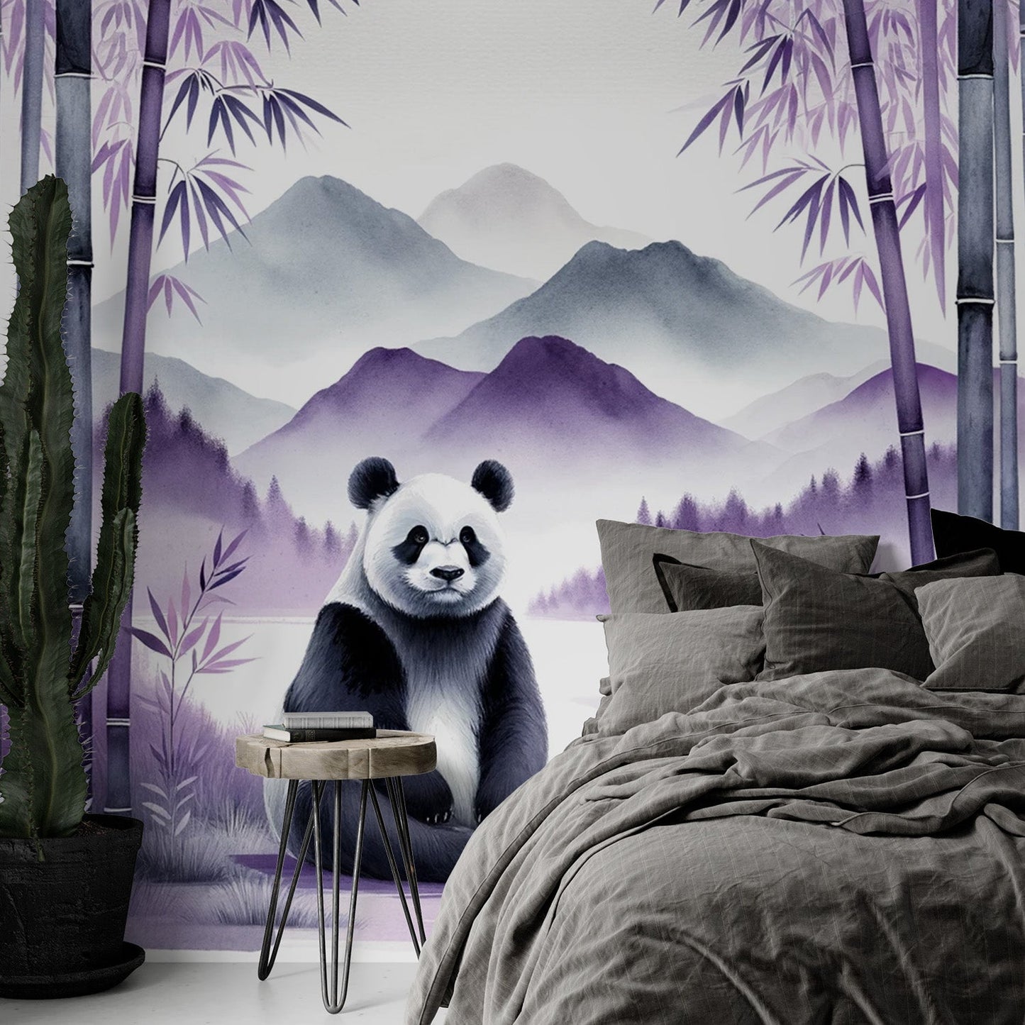 Tapete Tiere Panda | Lila Wald- und Berglandschaft mit sitzendem Panda