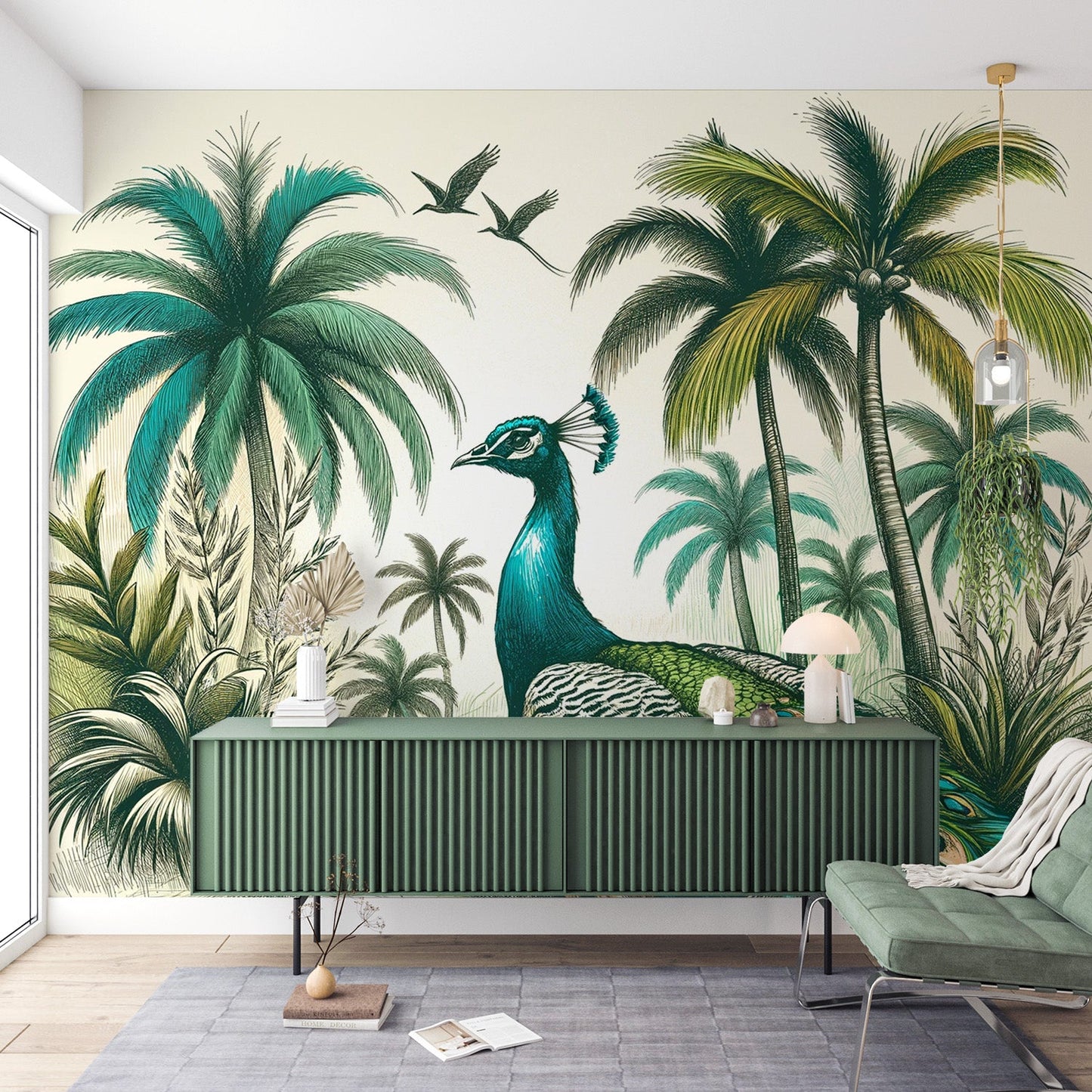 Tapete Pfau | Zeichnung mit Palmen und Blättern