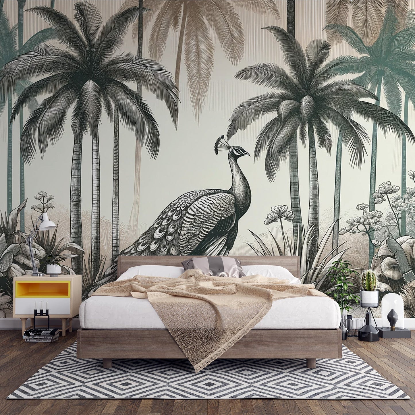 Tapete Pfau | Palmenwald in neutralen Tönen