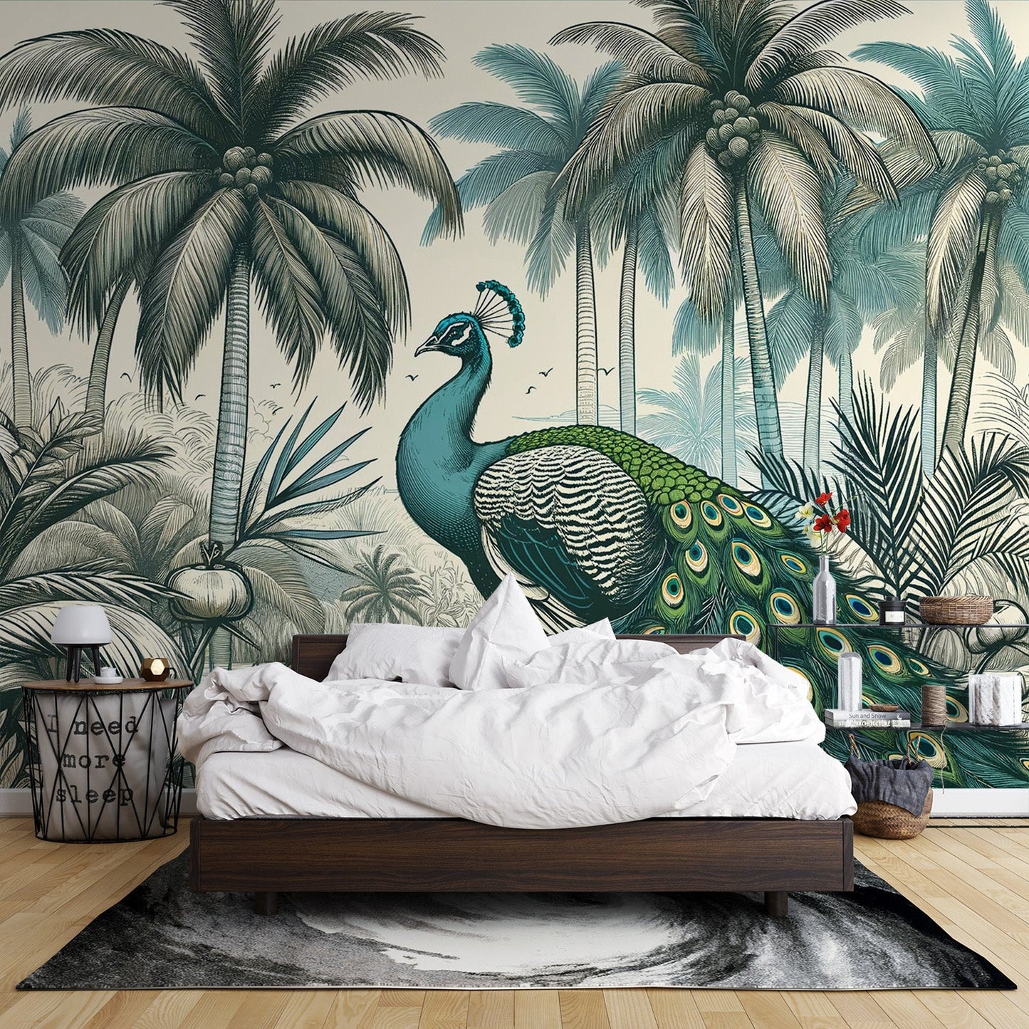 Tapete Pfau | Palme und bunter Pfau