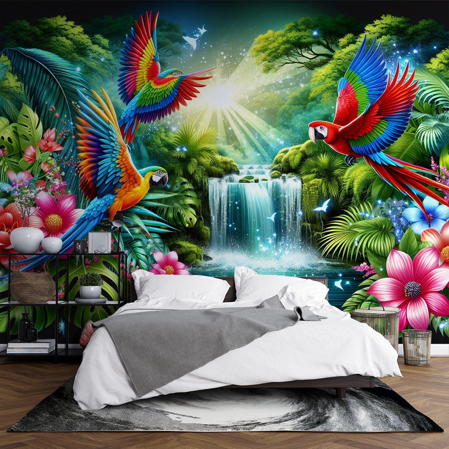 Tapete Papagei | Papageienlandschaft und Wasserfalltapete