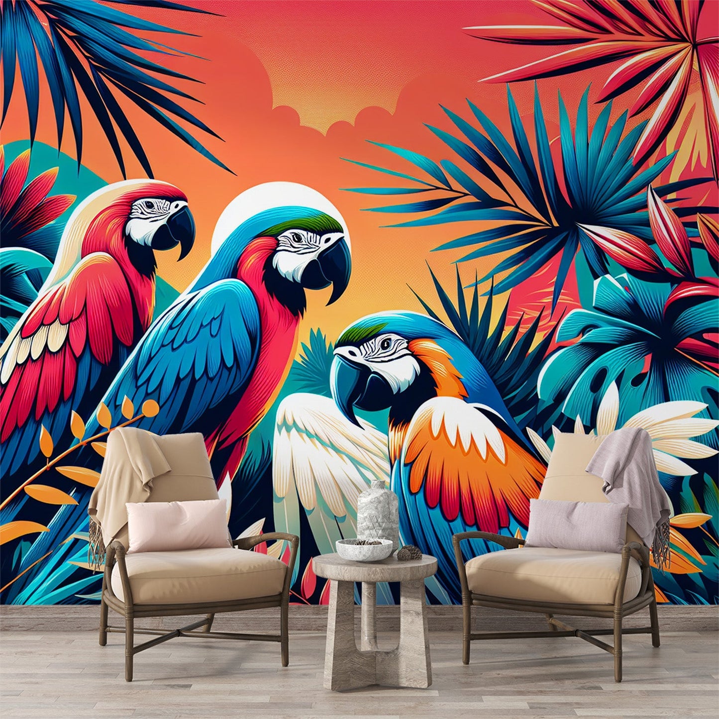 Tapete Papagei | Bunte tropische Retro-Tapete