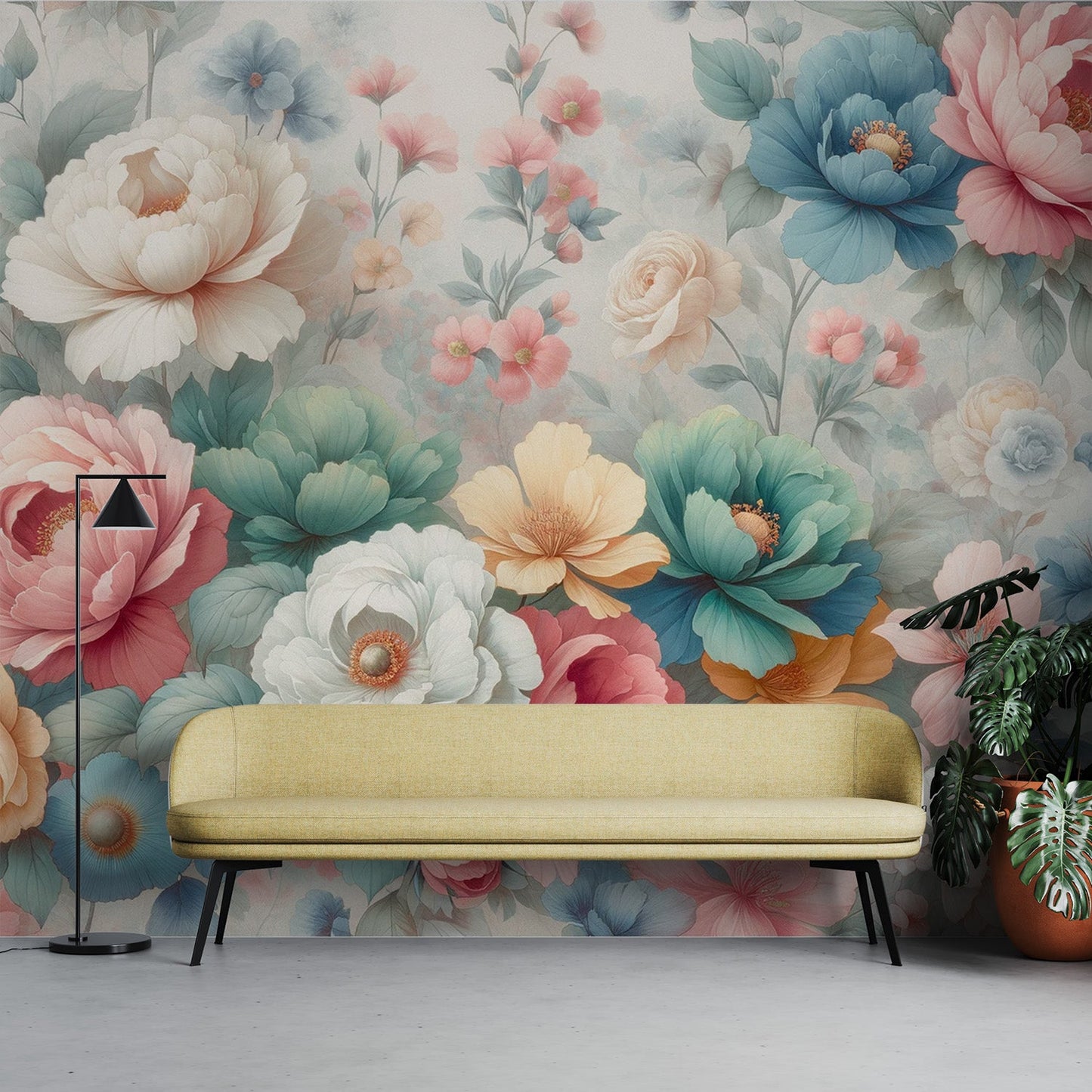 Tapete Pfingstrose | Vintage mit großen bunten Blumen