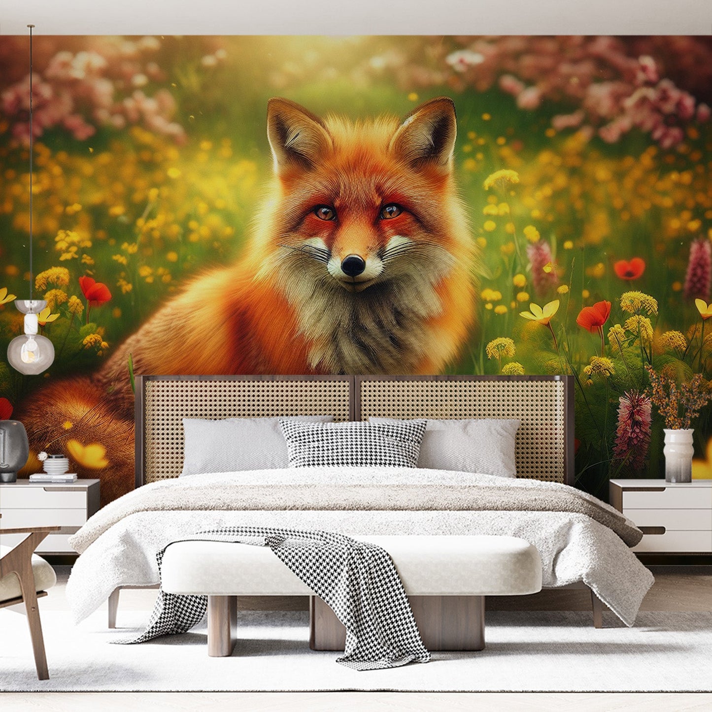 Fuchs Tapete | Blumenfeld mit Rotfuchs